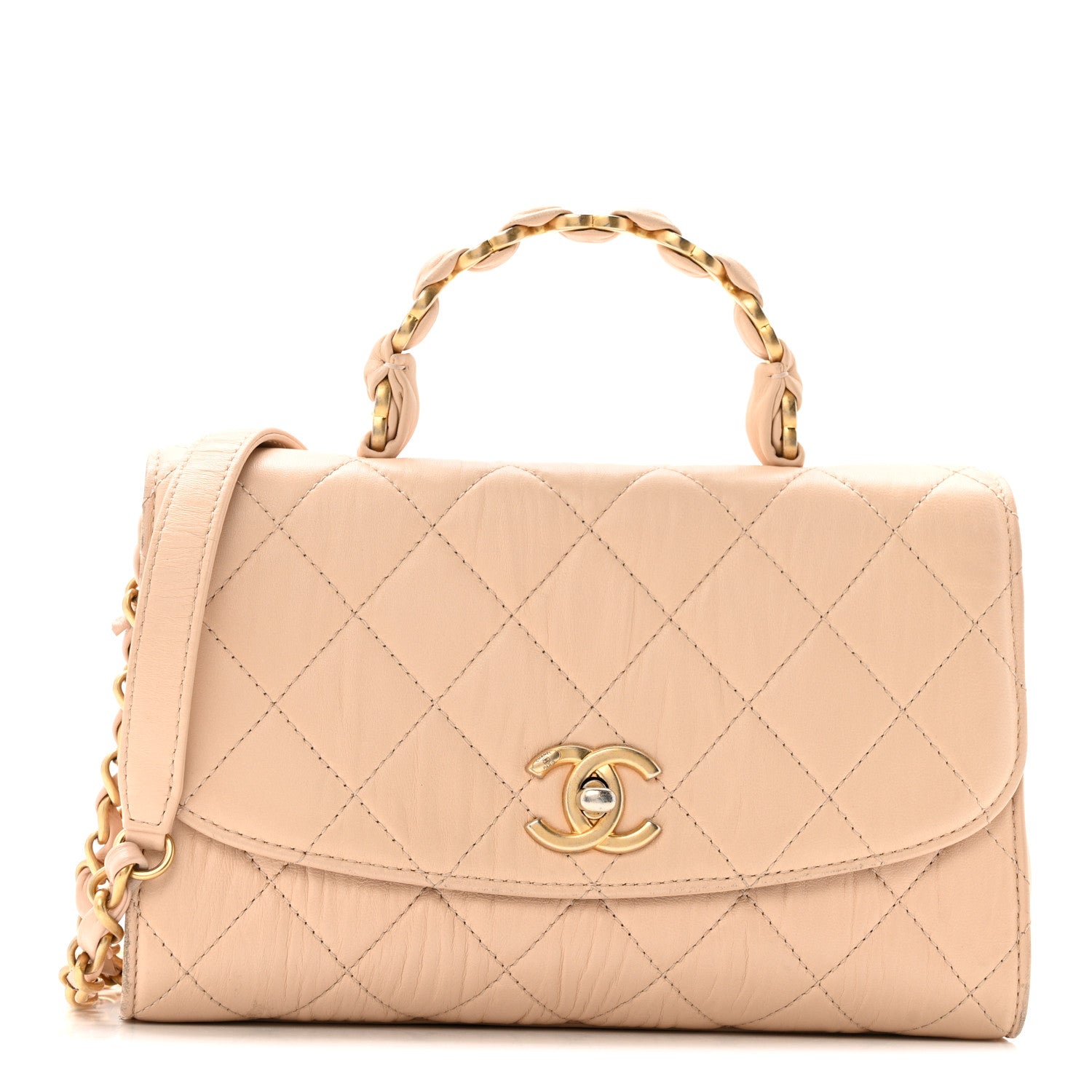Crumpled Lambskin Quilted Small CC Links Top Handle Flap Beige