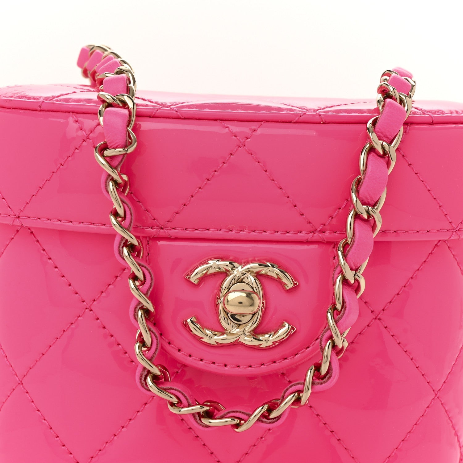 Patent Quilted CC Vani-Tea Case With Chain Neon Pink