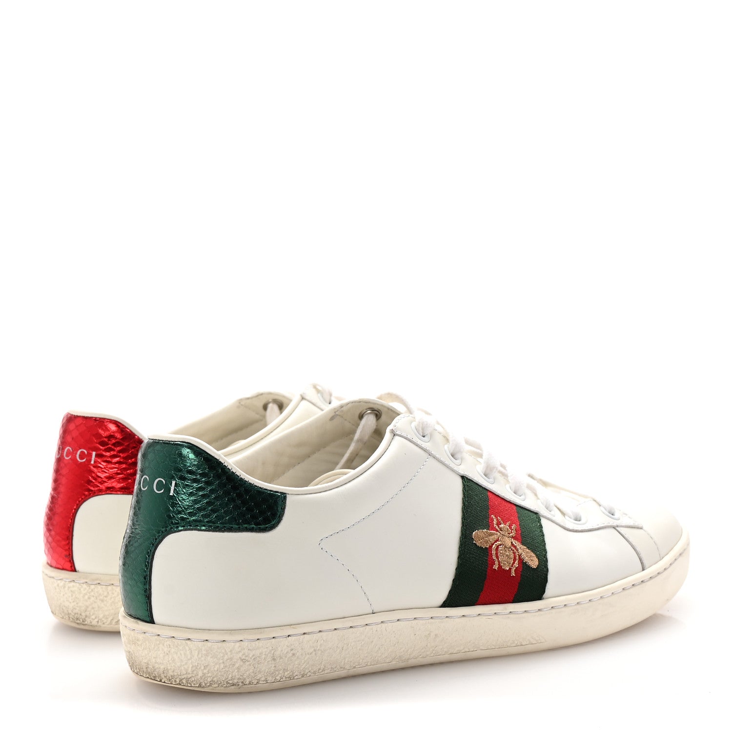Calfskin Ayers Bee Embroidered Womens Ace Sneakers 37.5 White Green