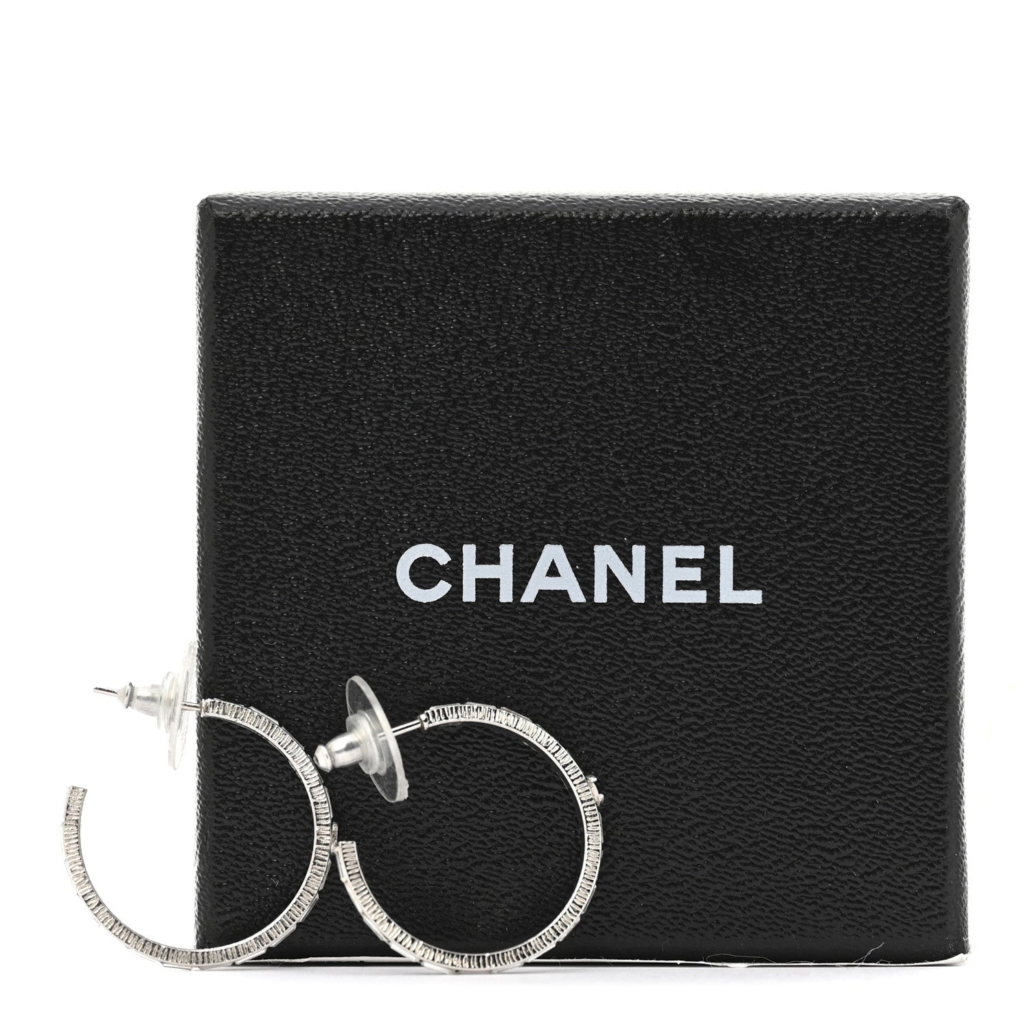 Baguette Crystal CC Hoop Earrings Silver
