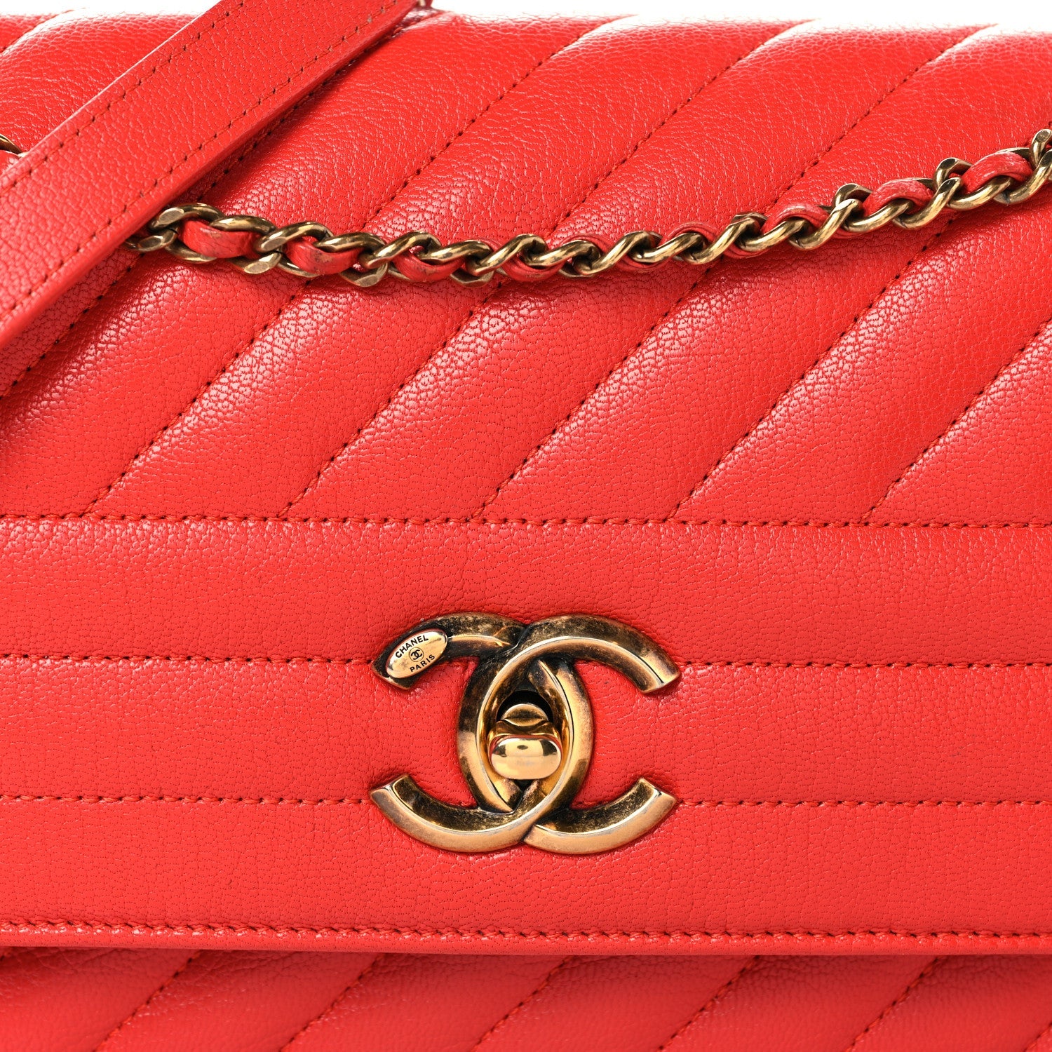 Shiny Goatskin Diagonal Quilted Small Flap Red