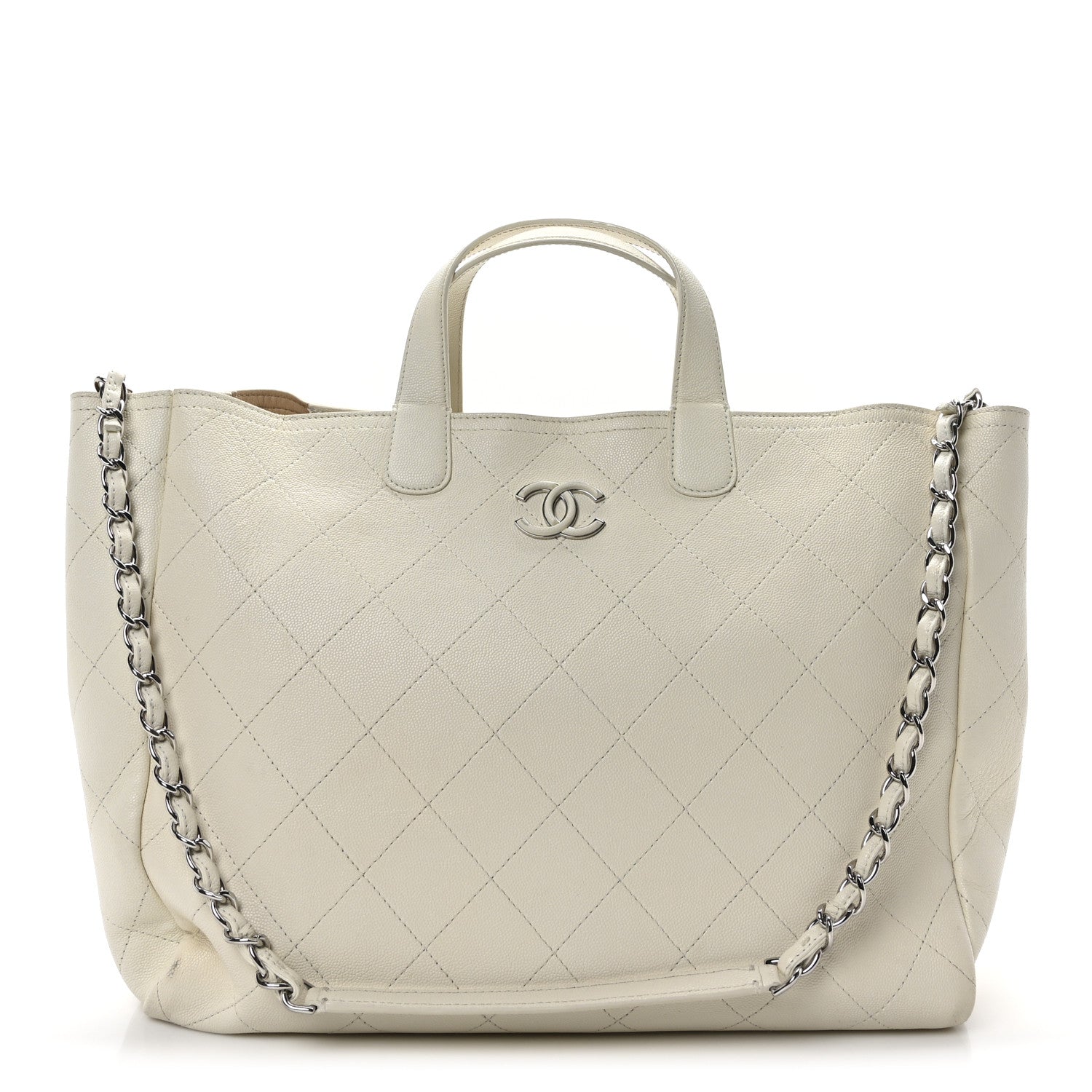 Caviar Stitched Large Lady Coco Shopping Tote White
