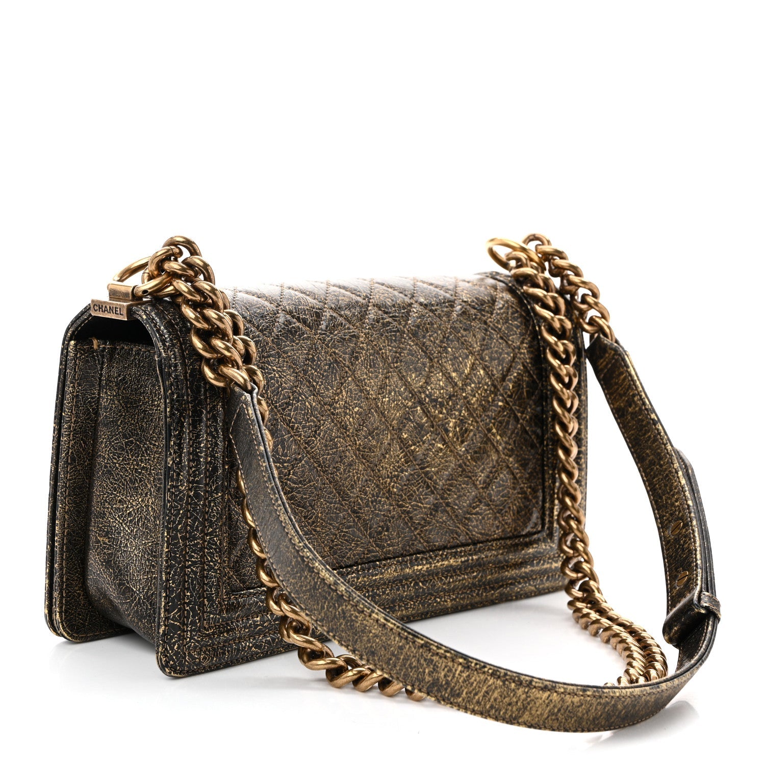 Cracked Metallic Calfskin Quilted Medium Boy Flap Gold