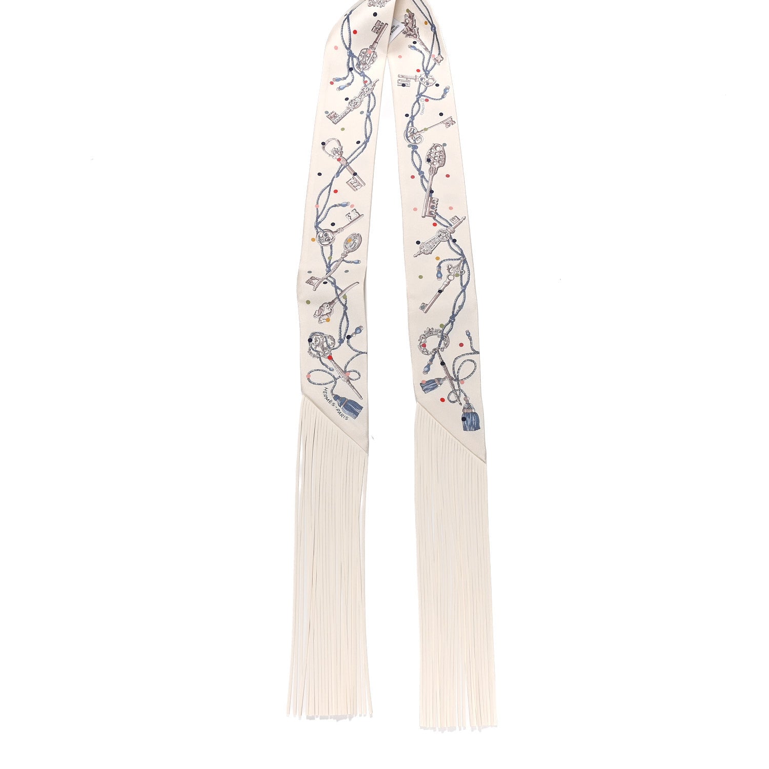 Silk Calfskin Les Cles A Pois Fringed Twilly Creme Gris Perle Multicolor