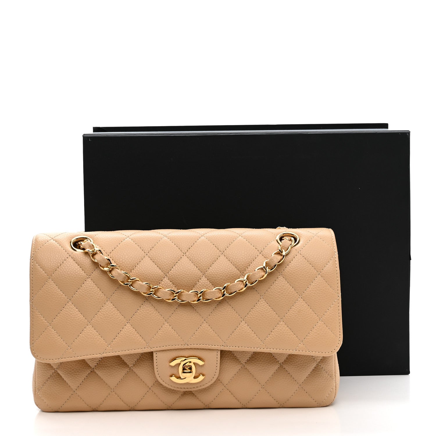 Caviar Quilted Medium Double Flap Beige