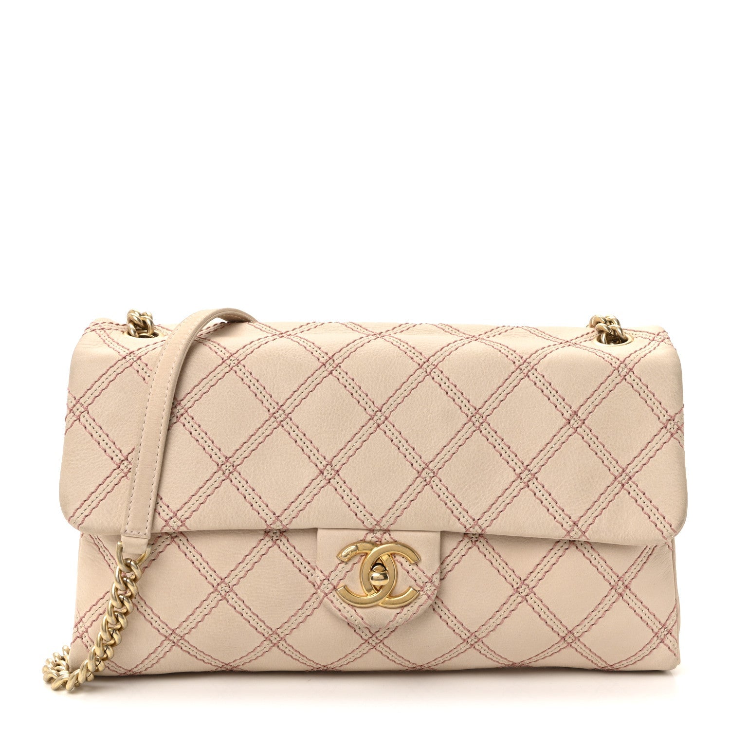 Calfskin Triple Stitch Medium Flap Pink
