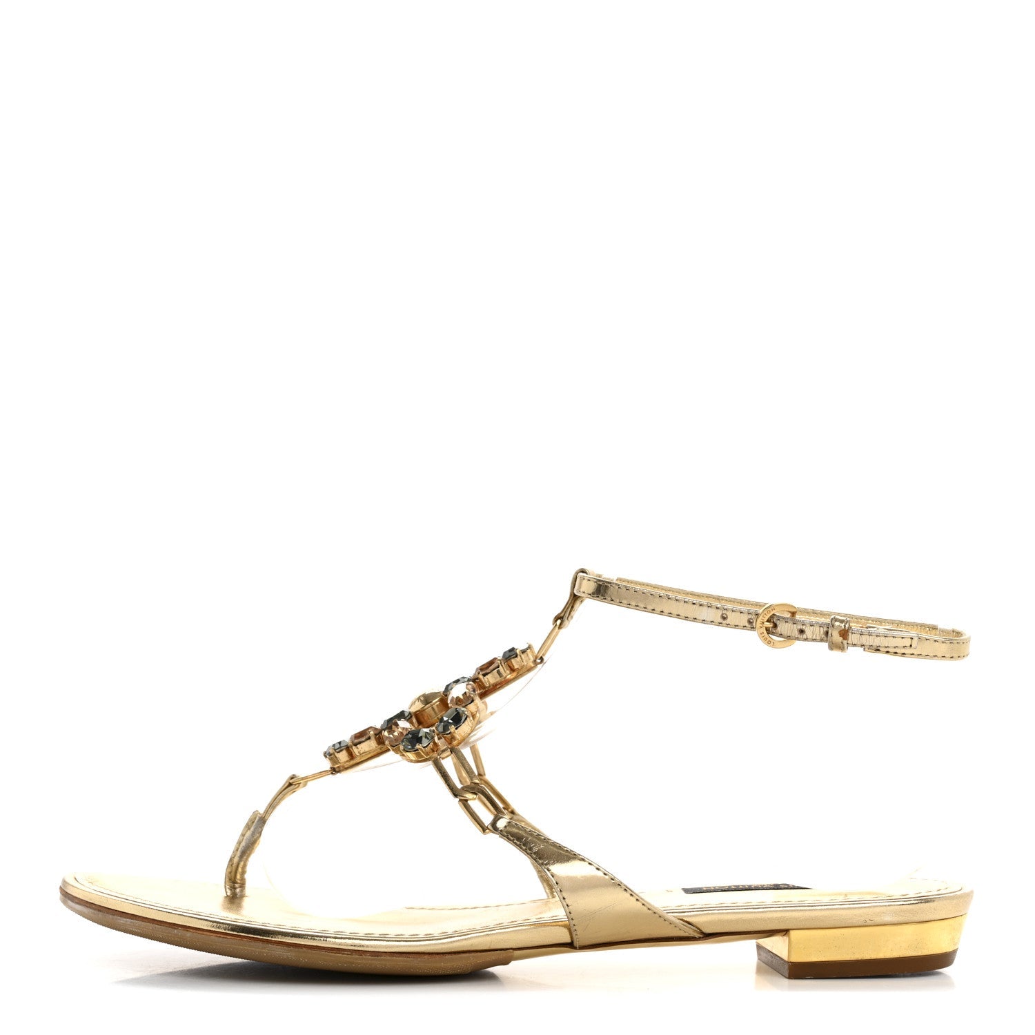 Metallic Calfskin Crystal Flower Thong Flat Sandals 37.5 Gold