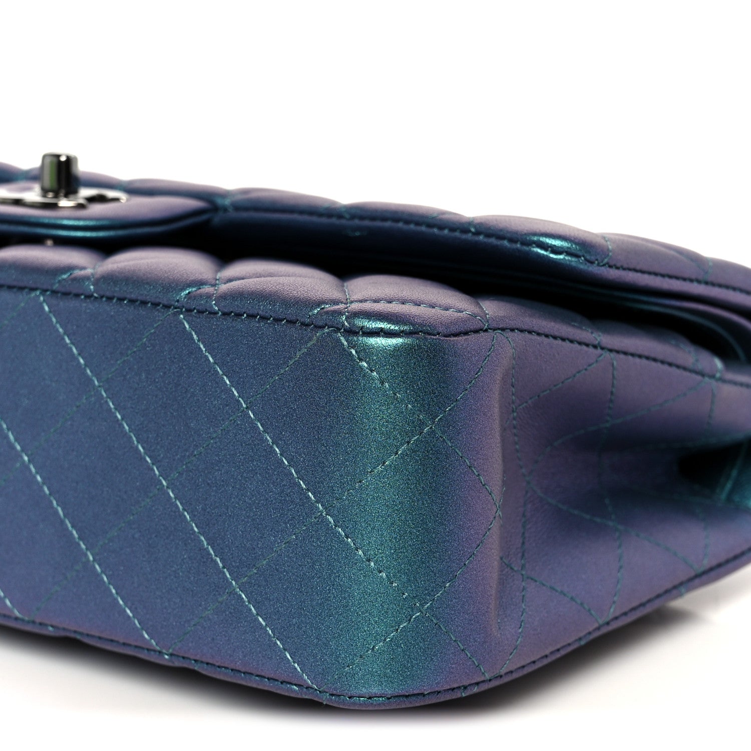 Metallic Lambskin Quilted Medium Double Flap Turquoise