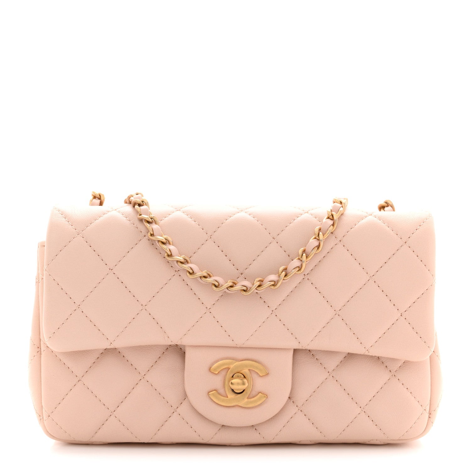 Lambskin Quilted Mini Rectangular Pearl Crush Flap Light Beige