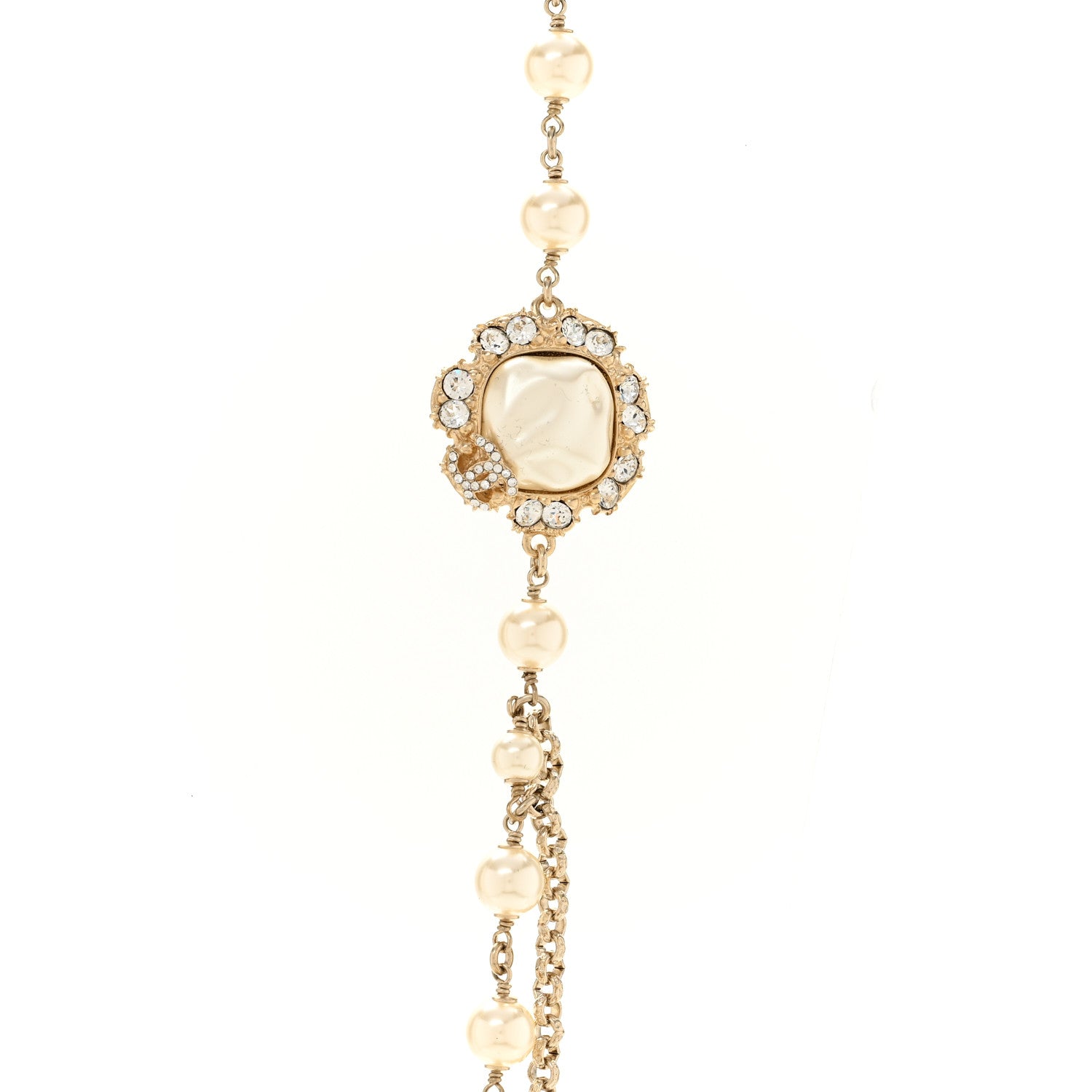 Pearl Crystal CC Camellia Express Long Necklace Gold