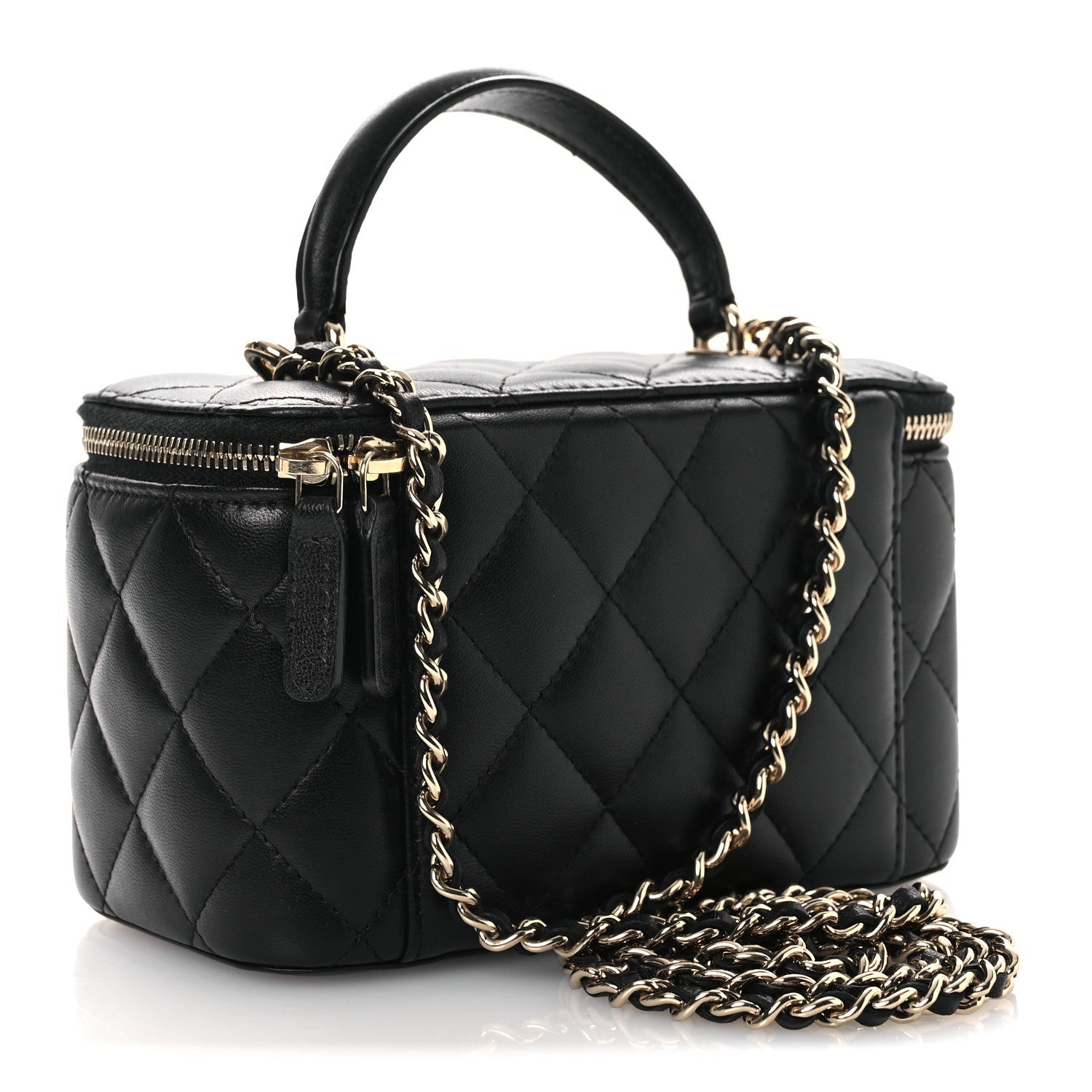Lambskin Quilted Small Top Handle Vanity Case With Chain Black