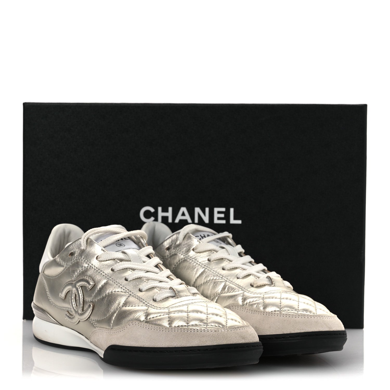 Laminated Calfskin Suede Quilted Womens CC Sneakers 39 Silver White