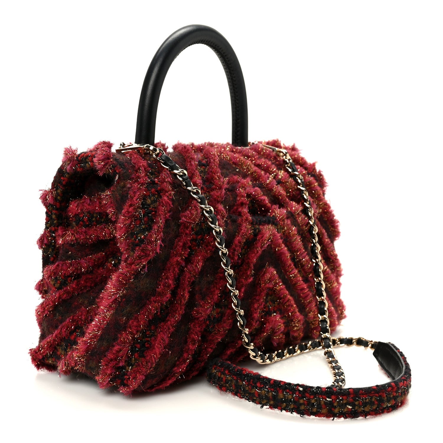 Tweed Fringe Mini Coco Handle Flap Red Black