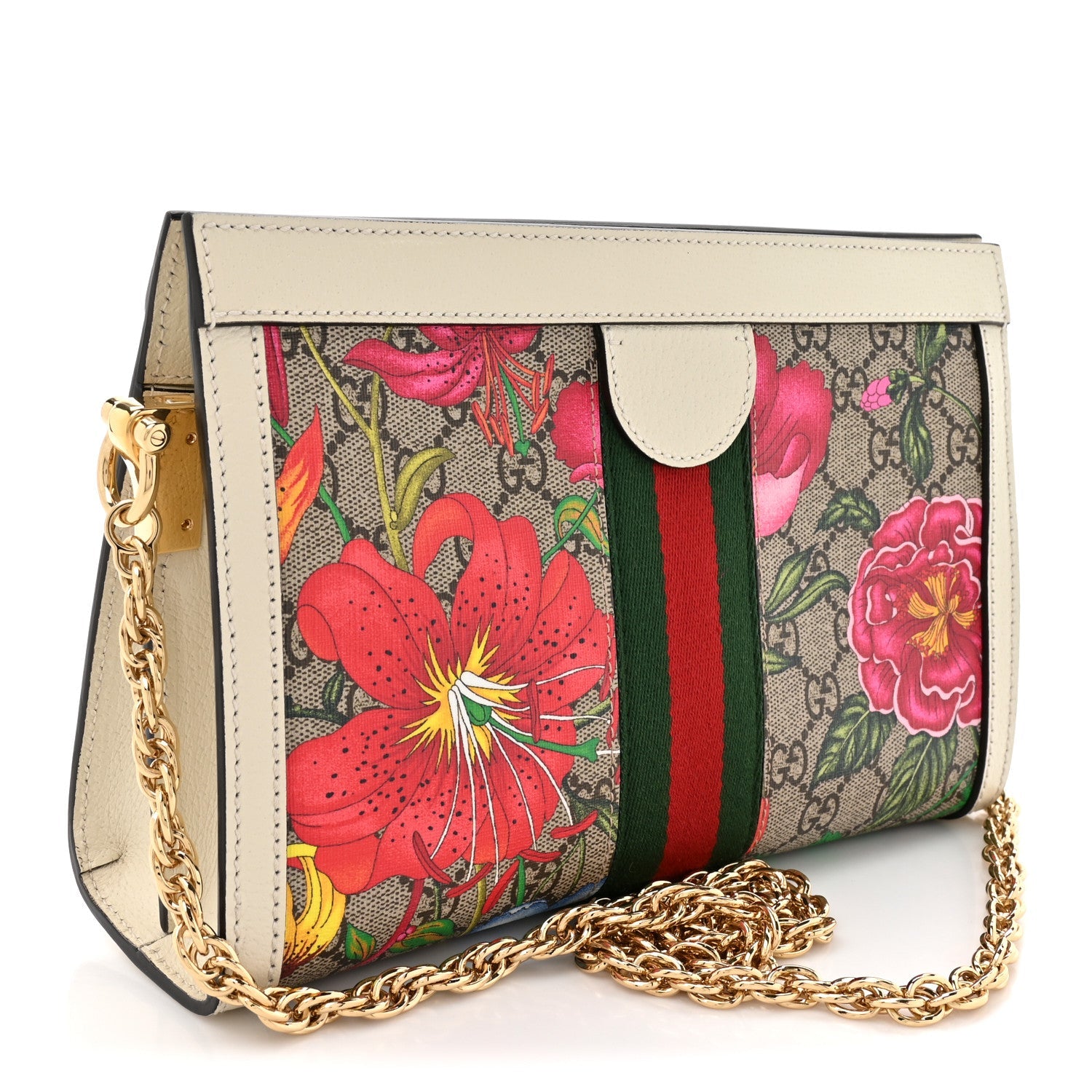 GG Supreme Monogram Flora Web Small Ophidia Chain Shoulder Bag White