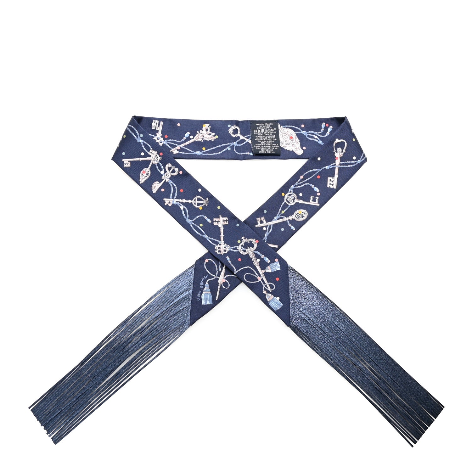 Silk Metallic Agneau Les Cles A Pois Fringed Twilly Bleu Marine Gris Argent Multicolor