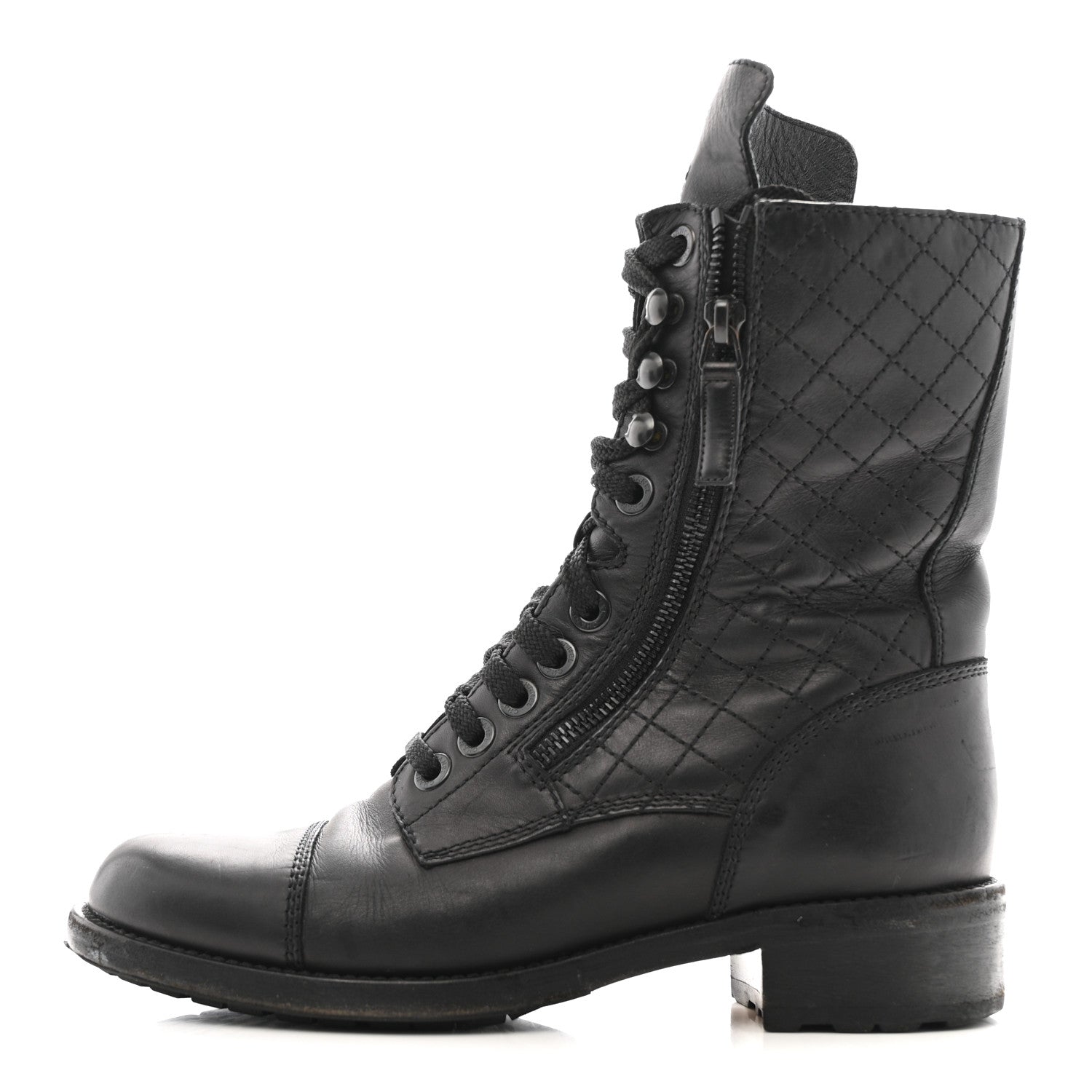 Calfskin Quilted Lace Up Combat Boots  38 Black