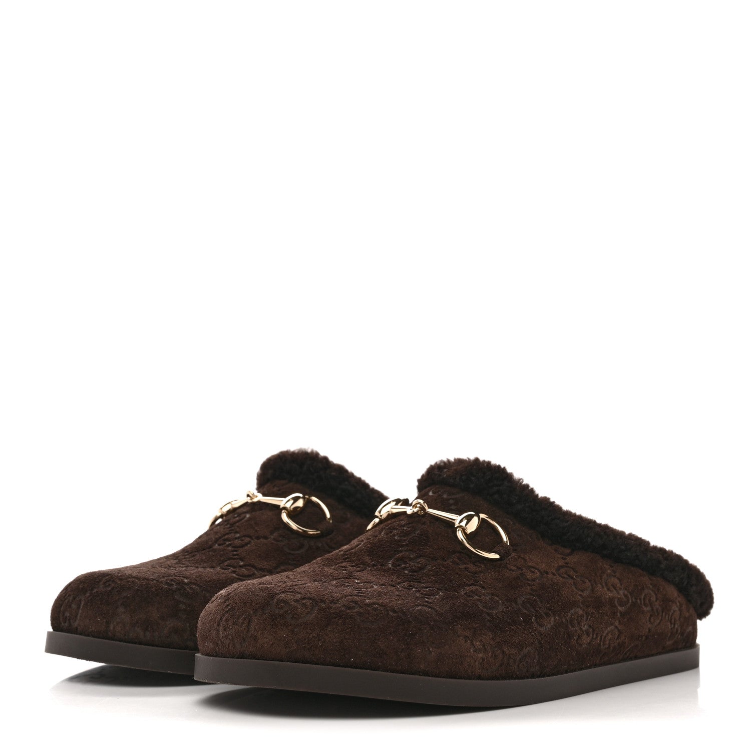Suede GG Debossed Shearling Womens Horsebit Mules 36 Dark Brown