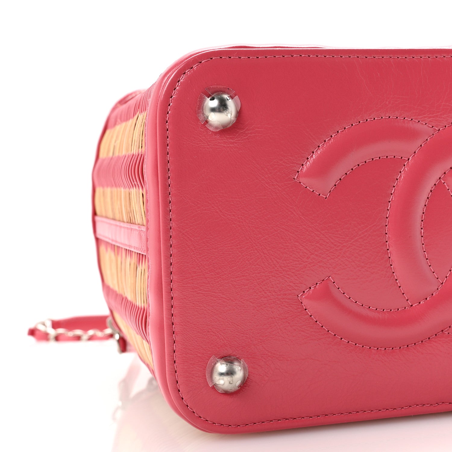 Glazed Calfskin Raffia Vanity Case Bag Pink