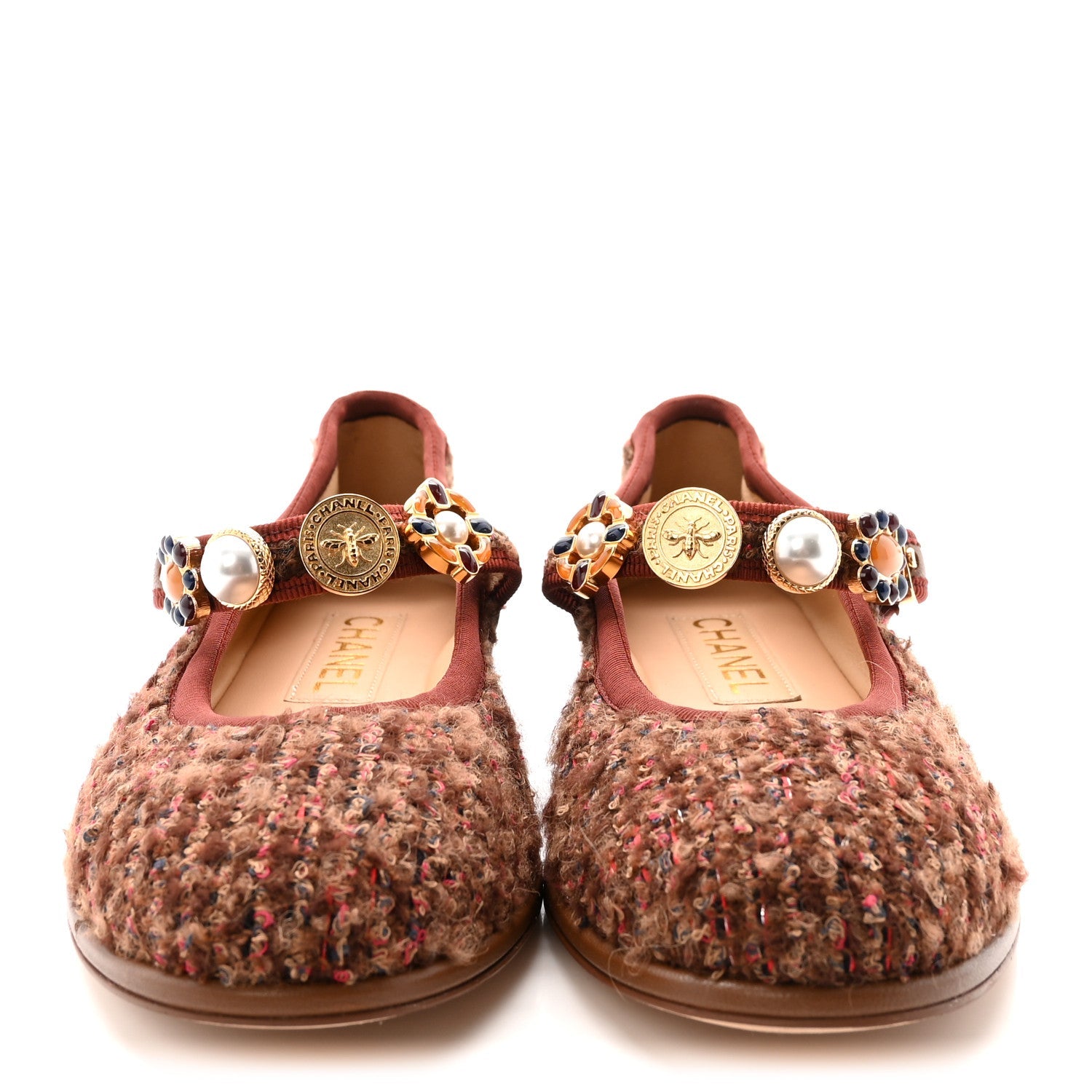 Wool Tweed Mary Jane Flats 37 Brown Red Dark Blue