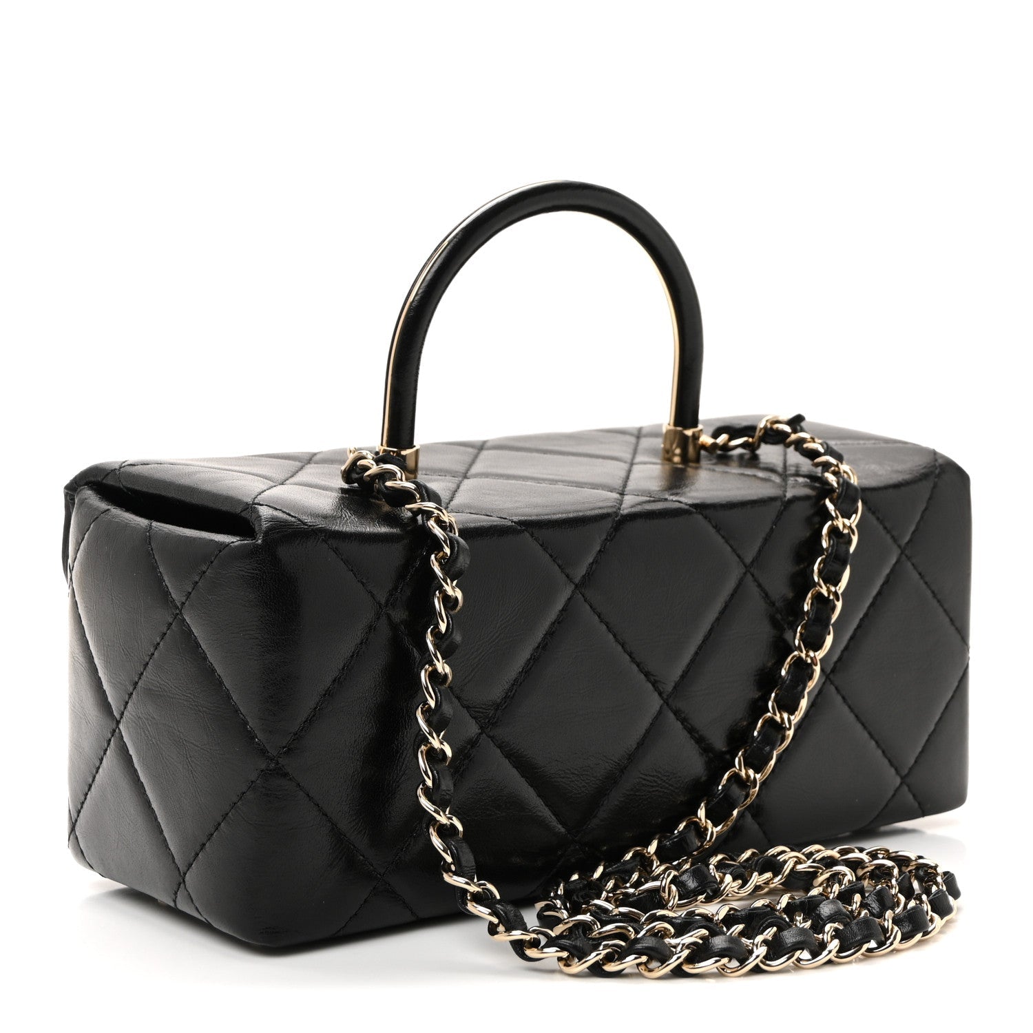 Shiny Calfskin Quilted Top Handle Box Bag Black