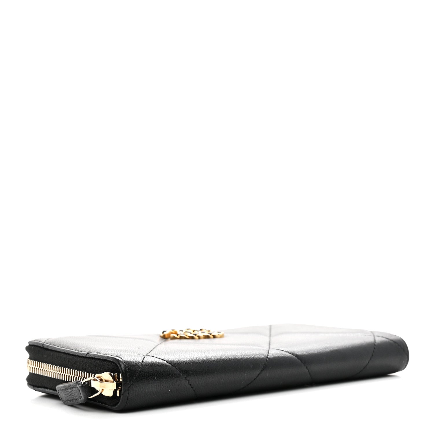 Shiny Goatskin Quilted Chanel 19 Long Zipped Around Wallet Black