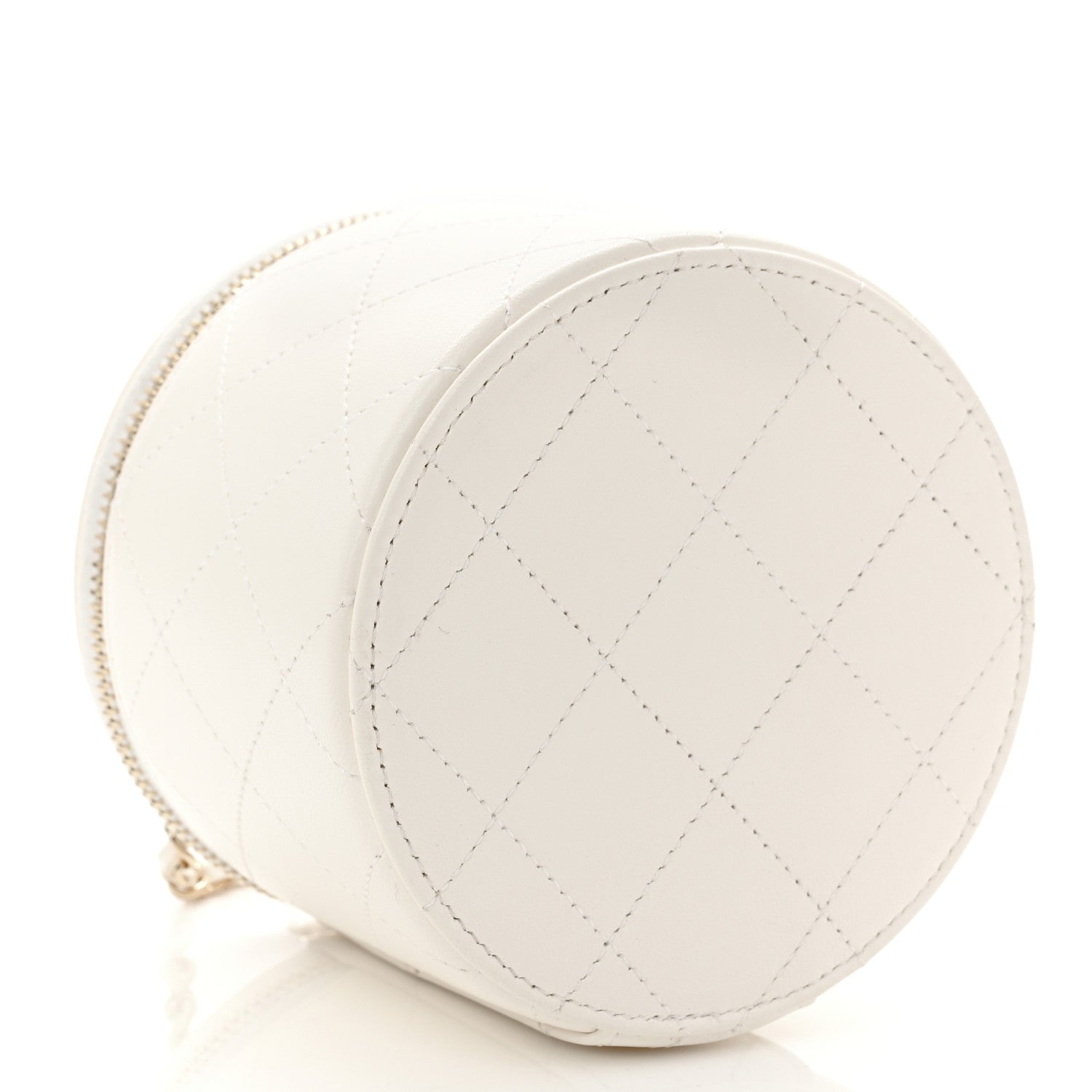 Lambskin Quilted Round Small Vanity Case With Chain White Black