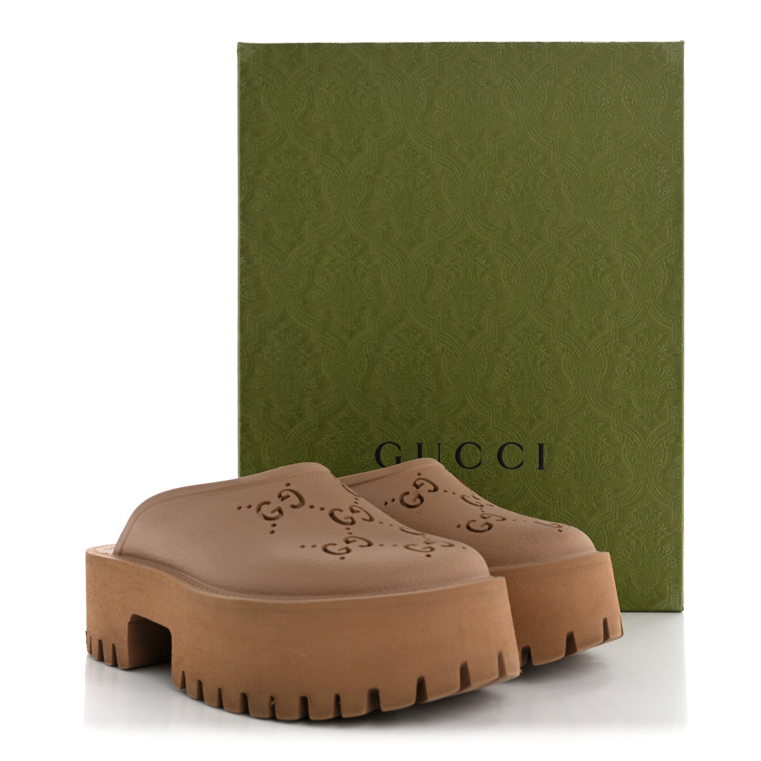 Rubber GG Monogram Perforated Elea Platform 55mm Lug Sole Sandals 36 Vintage Camel