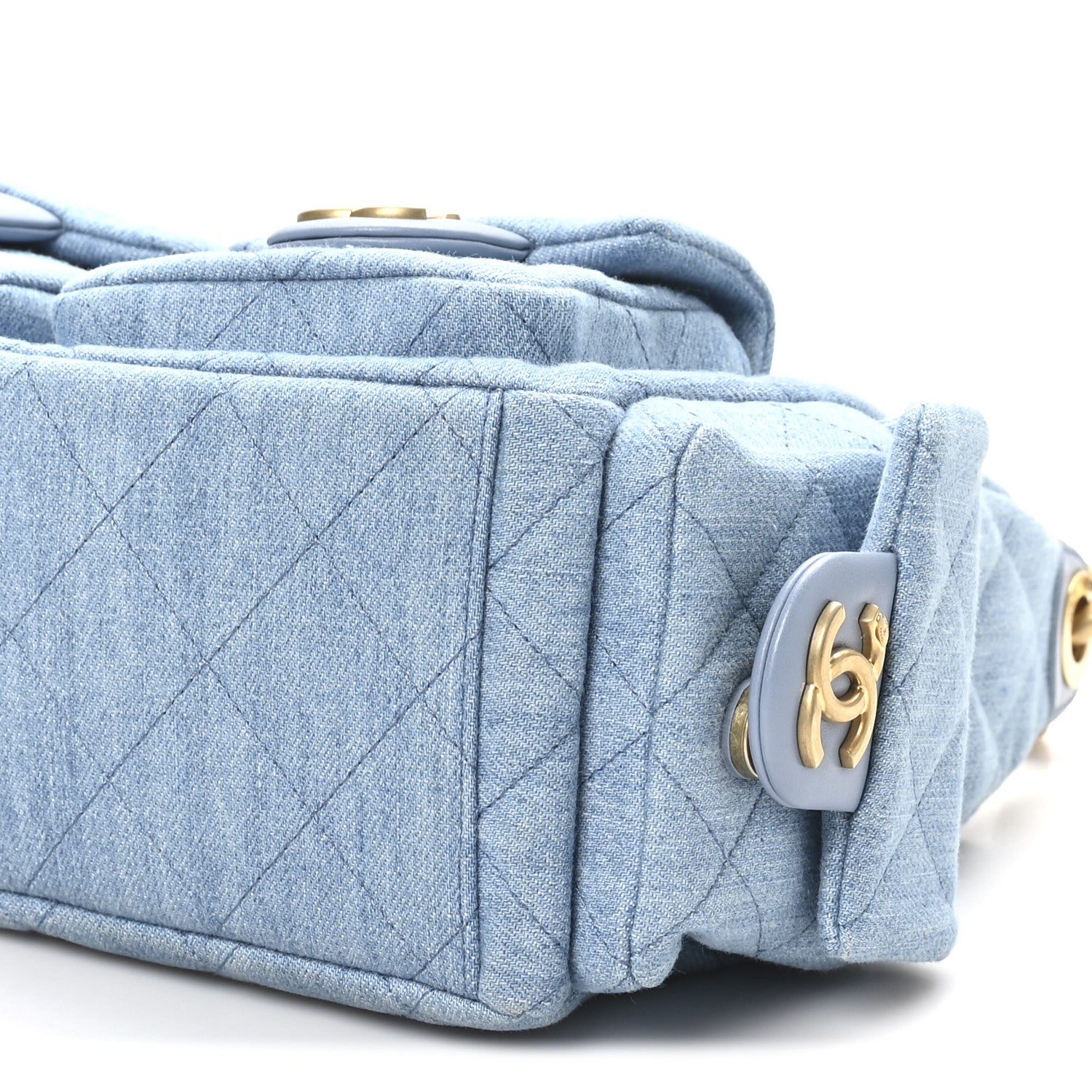 Washed Denim Quilted Large Trendy Pockets Hobo Blue