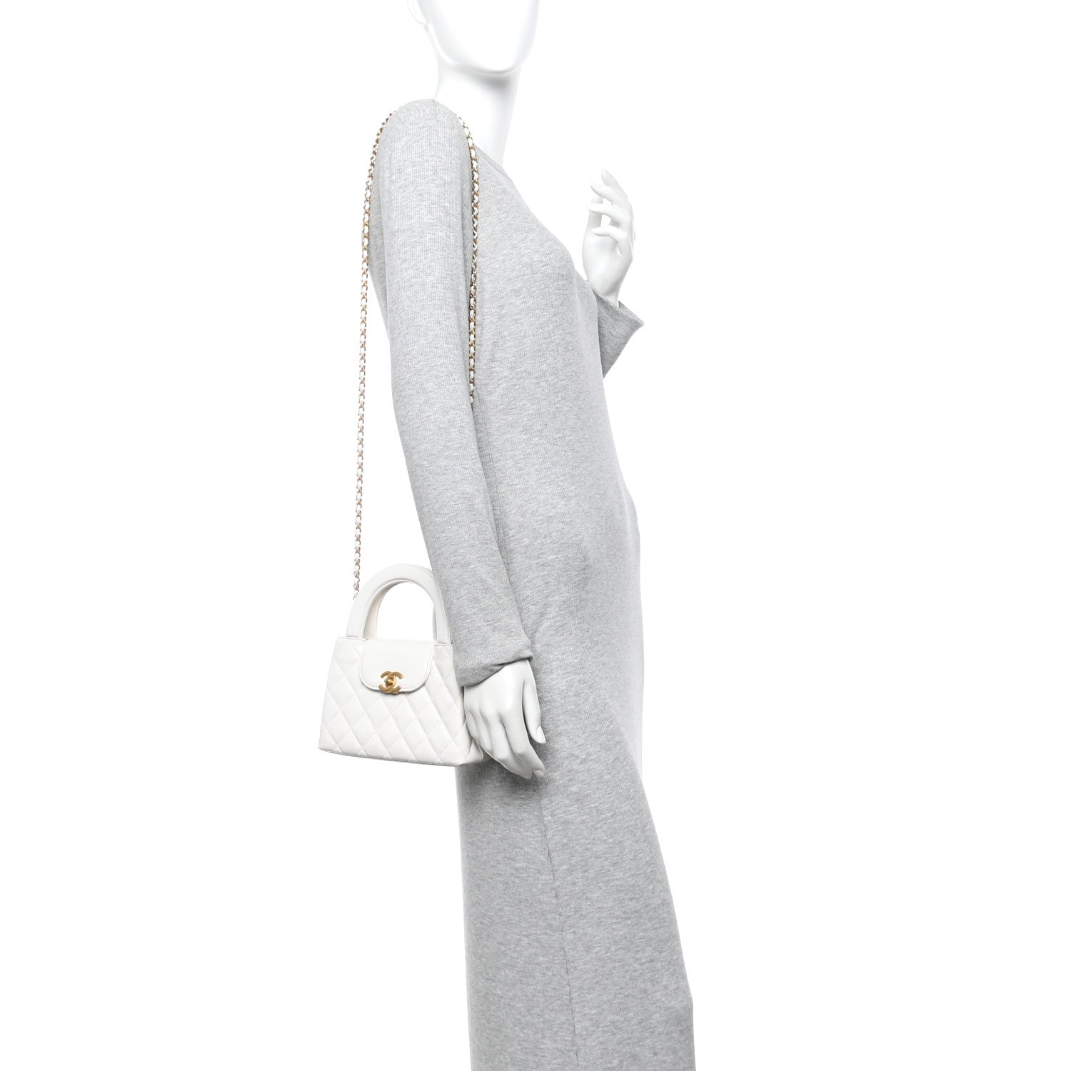 Shiny Aged Calfskin Quilted Nano Kelly Shopper White