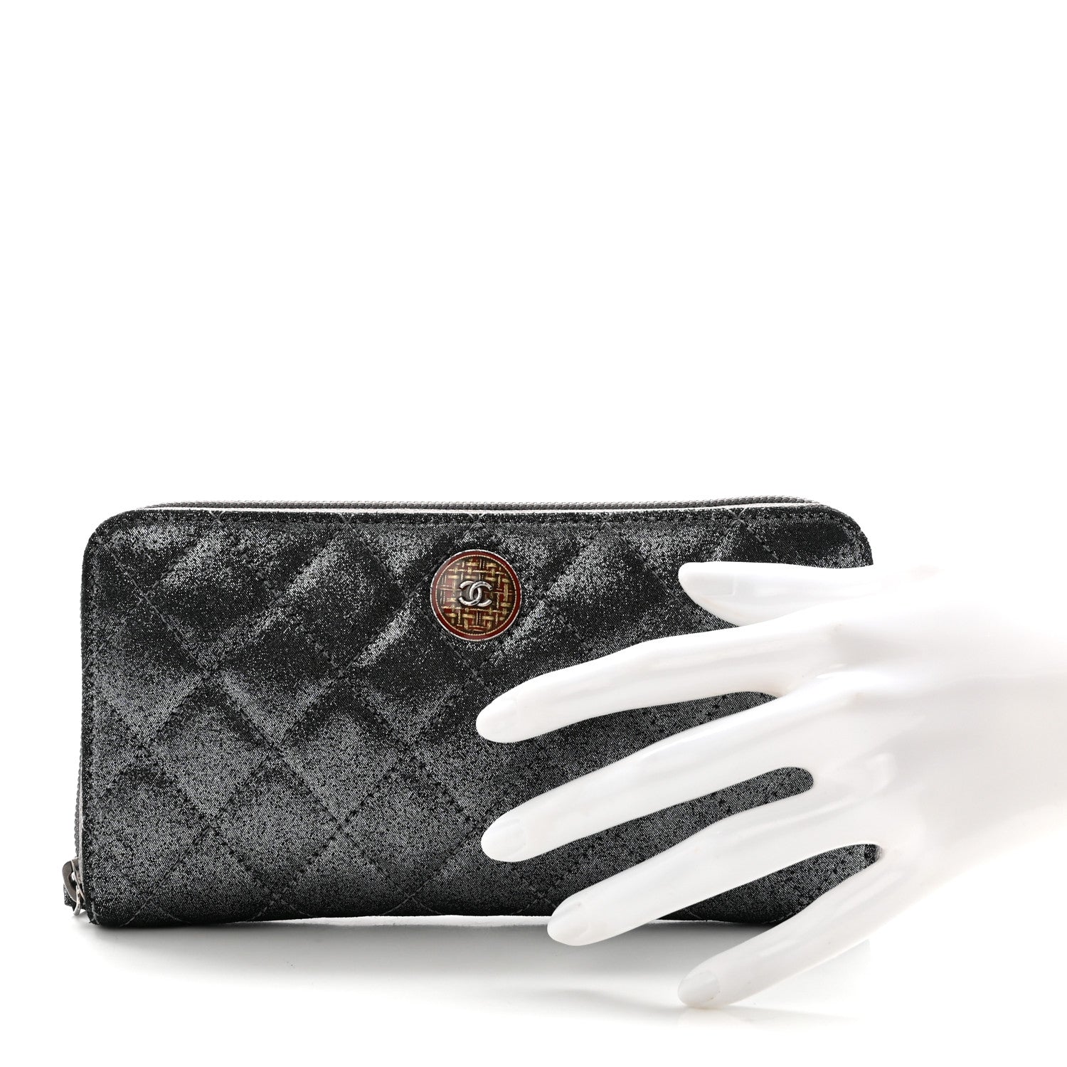 Iridescent Calfskin Quilted Tartan Button Zip Around Wallet Grey