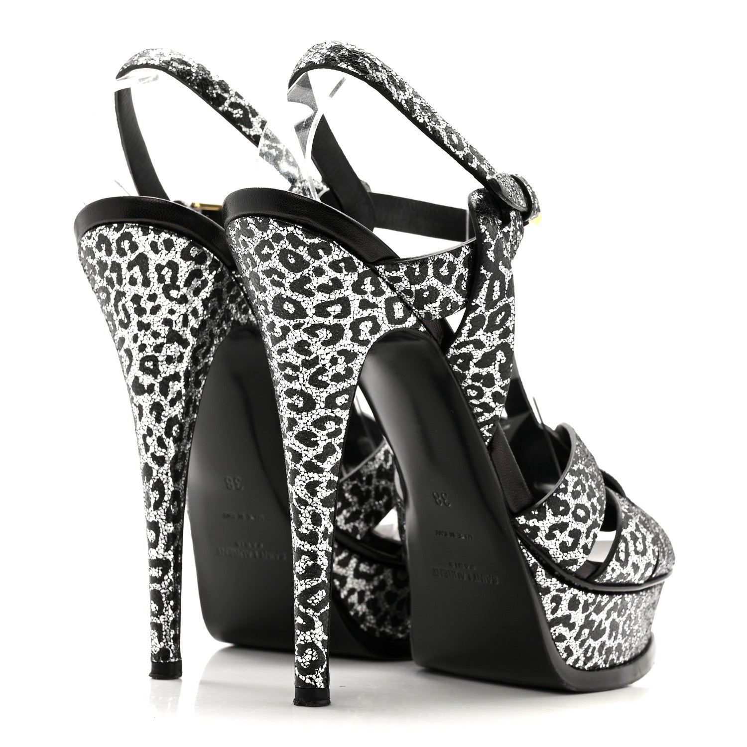Metallic Calfskin Leopard Print Tribute 105 Platform Sandals 38  Black Silver