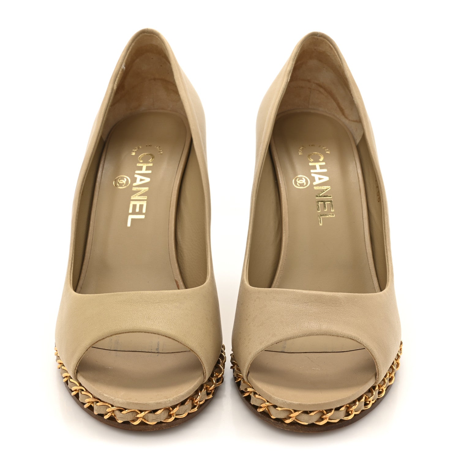 Calfskin Chain Peep Toe Wedge Pumps 39 Beige
