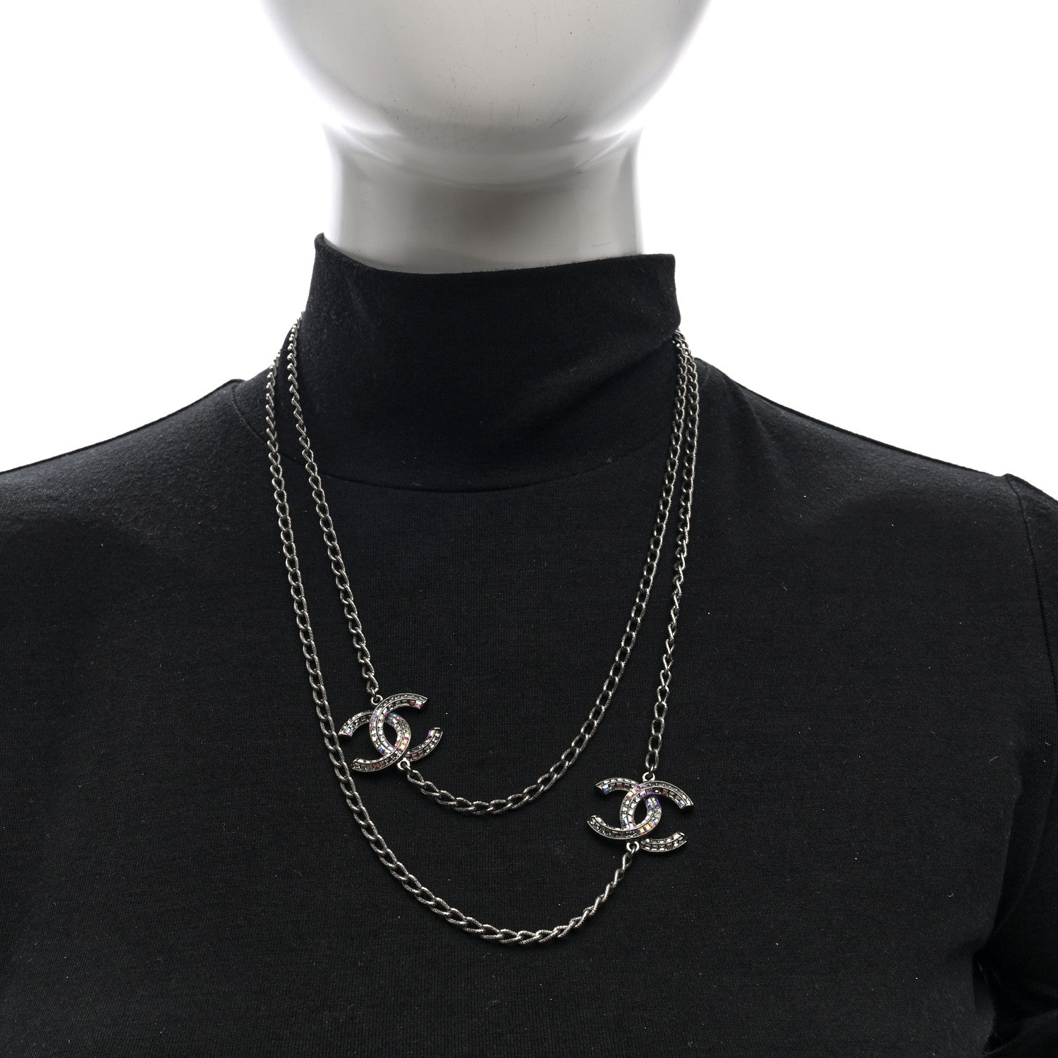 Crystal Baguette CC Double Strand Necklace Silver