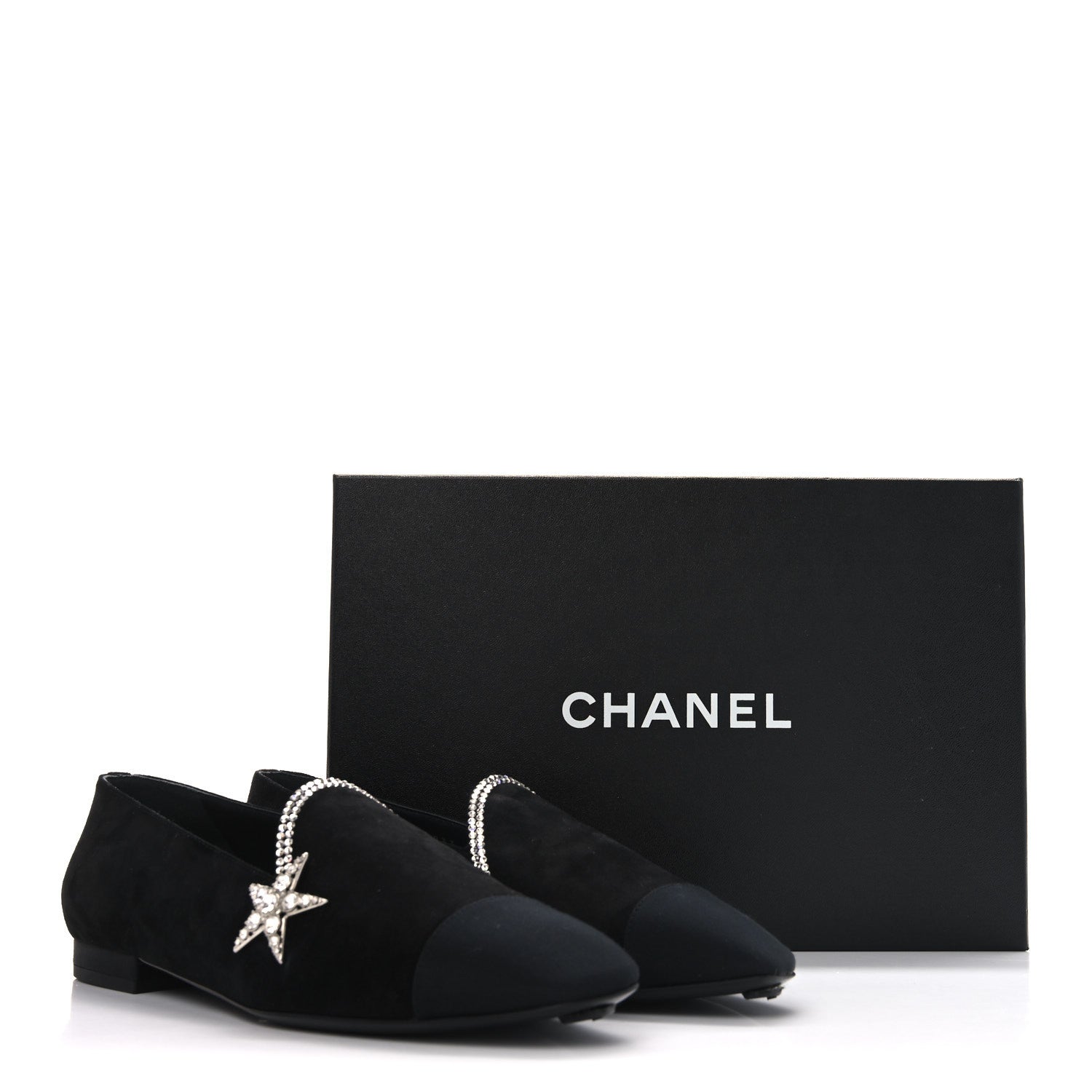 Suede Calfskin Grosgrain Crystal Star Mocassin Loafers 38 Black