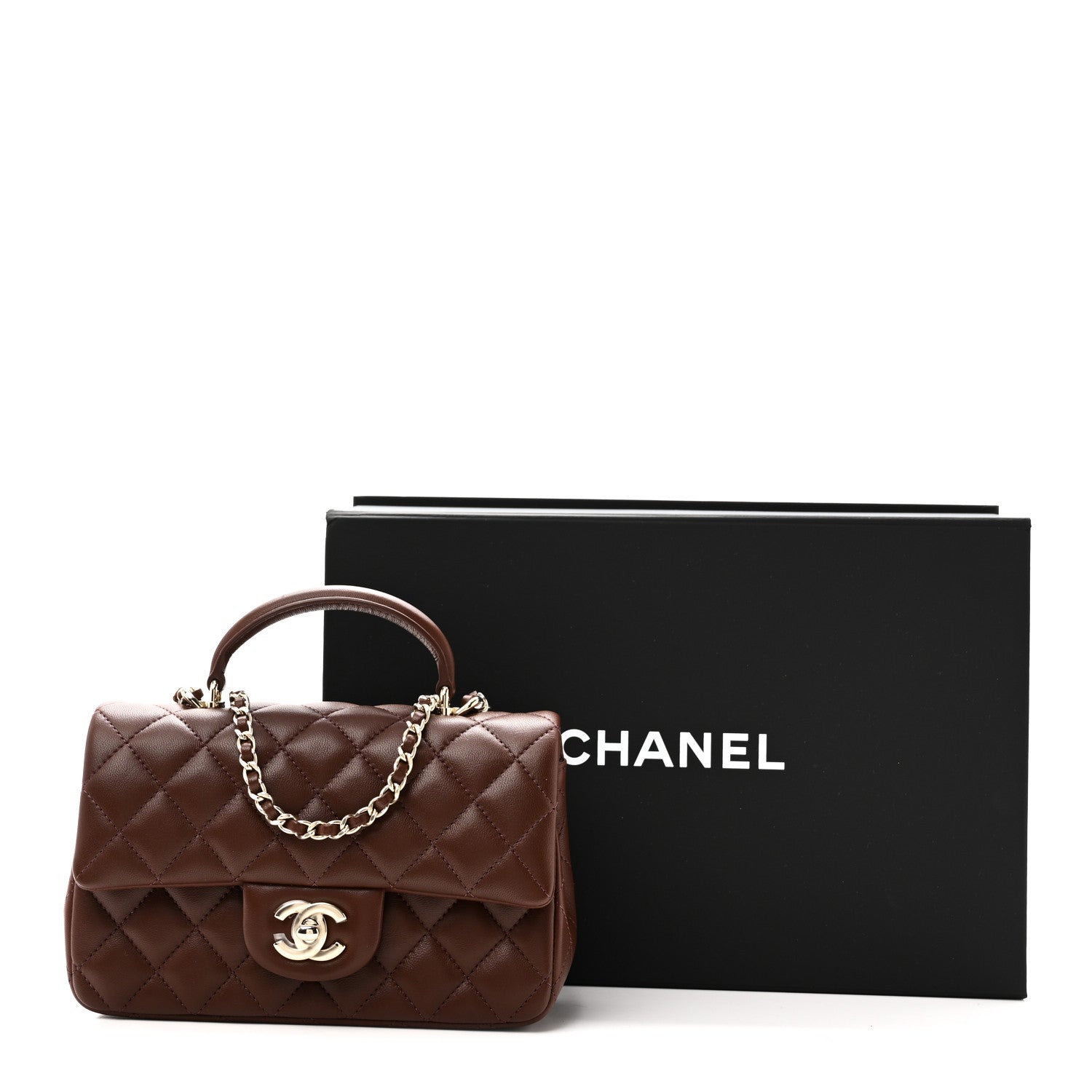 Lambskin Quilted Mini Top Handle Rectangular Flap Dark Brown