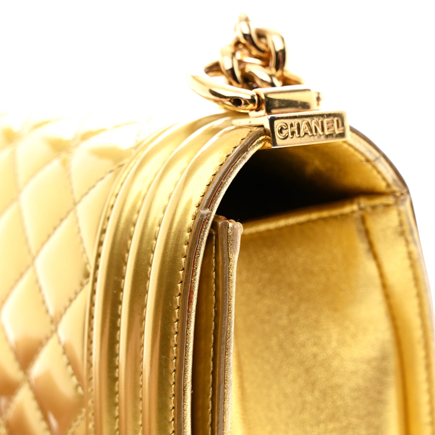 Metallic Patent Calfskin Quilted Medium Boy Flap Gold