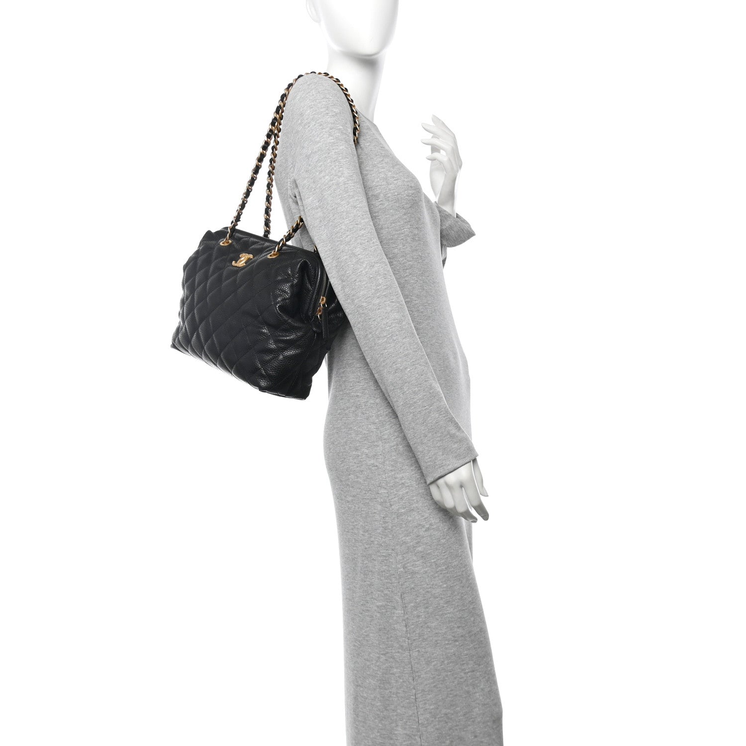 Shiny Caviar Quilted Large Bowling Bag Black