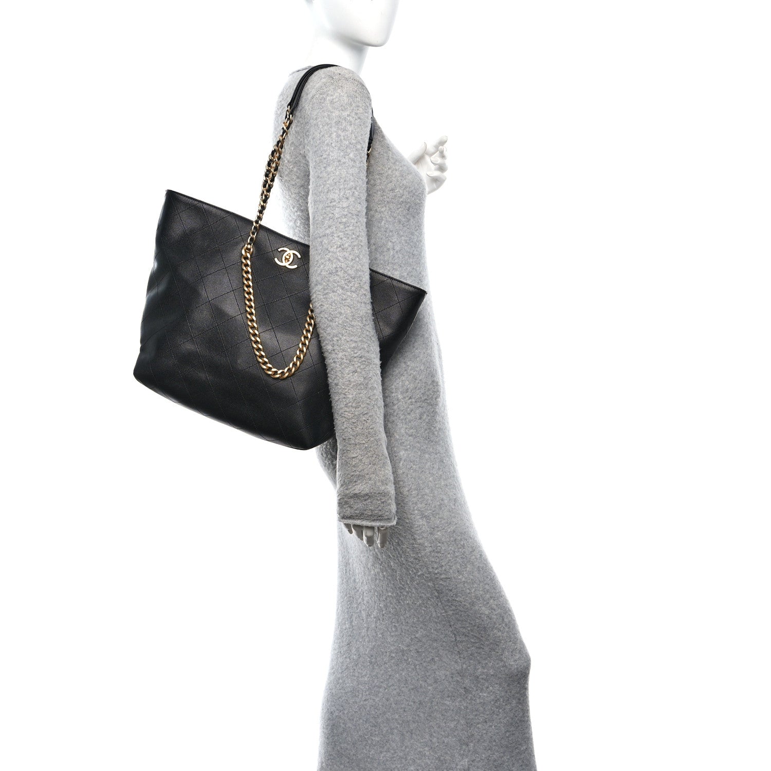 Shiny Caviar Stitched Softly Quilted Tote Black