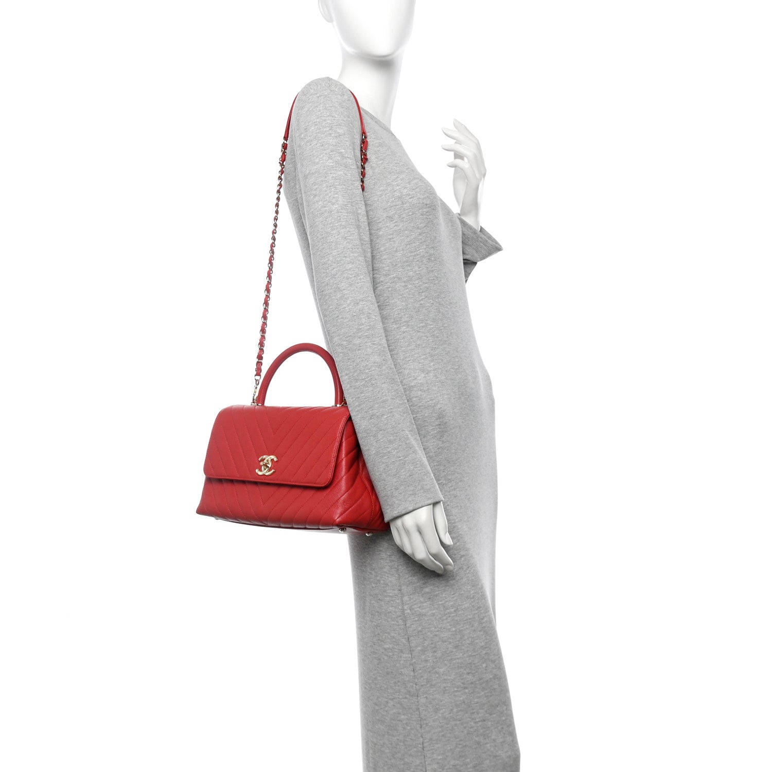 Caviar Chevron Quilted Small Coco Handle Flap Red
