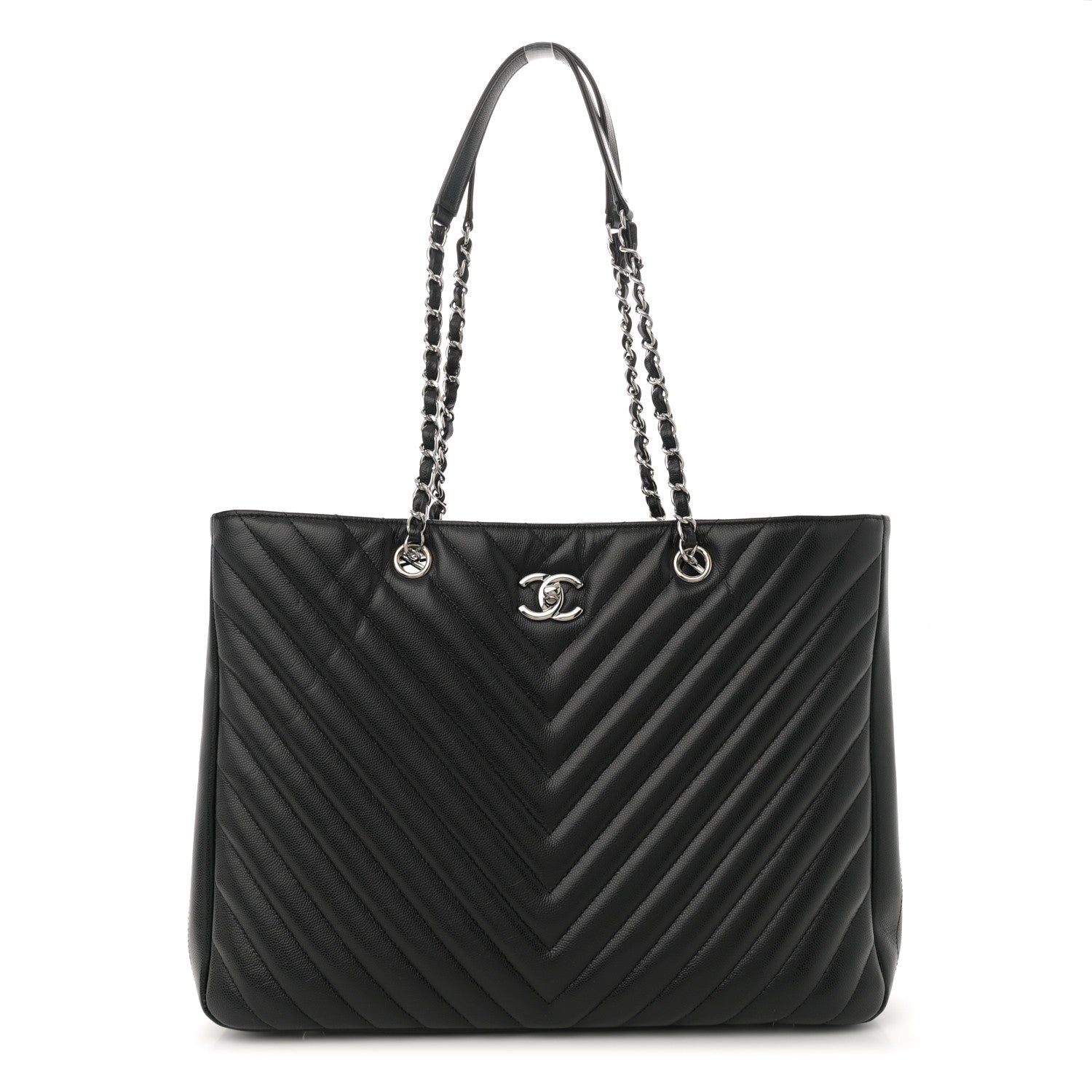Caviar Chevron Quilted Large Shopping Tote Tote Black
