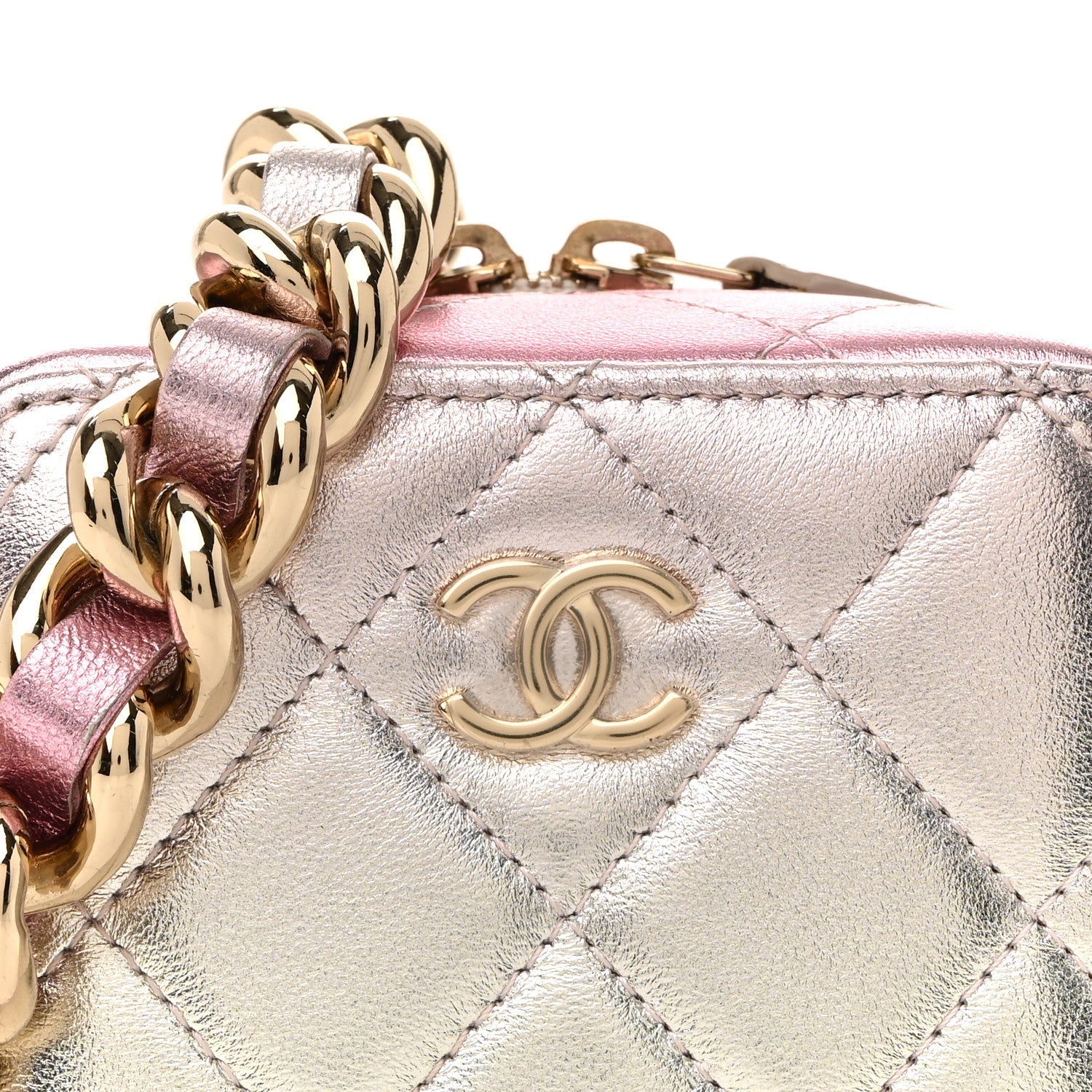 Gradient Metallic Lambskin Quilted Like A Wallet Clutch With Chain Gold Pink