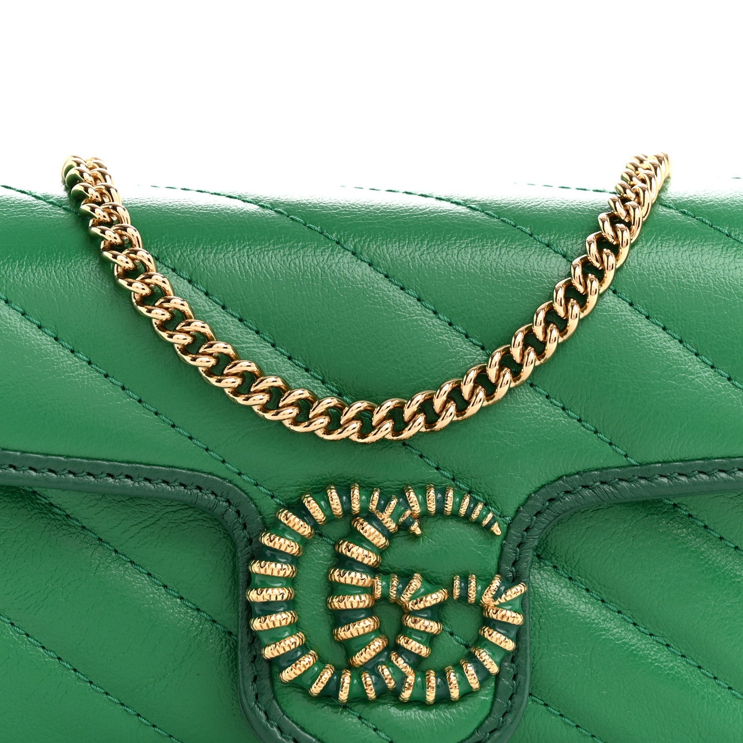 Azalea Calfskin Enamel Matelasse Diagonal Super Mini Torchon GG Marmont Shoulder Bag New Shamarock Emerald