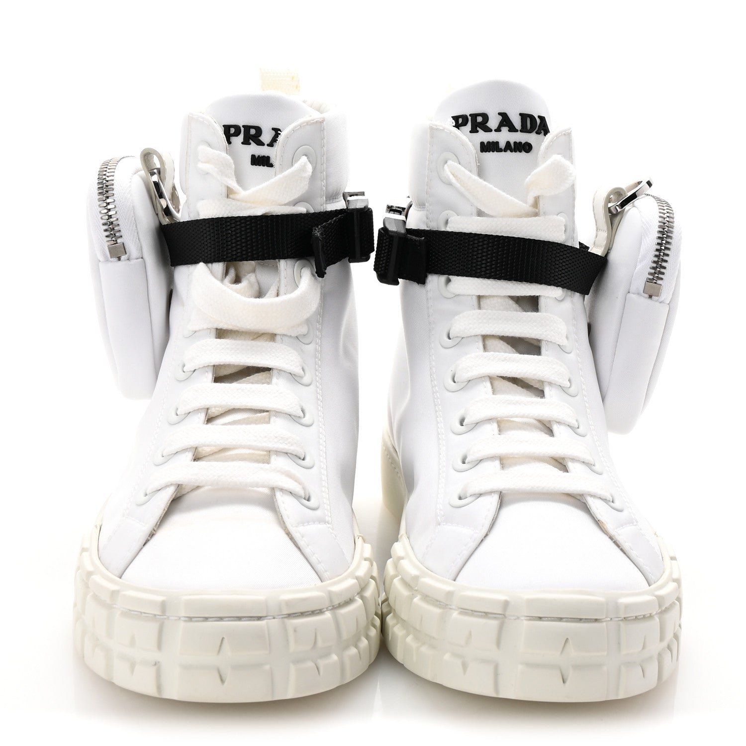 Re-Nylon Gabardine Metal Triangle Logo Wheel Pouch Pocket High Top Sneakers 36 White