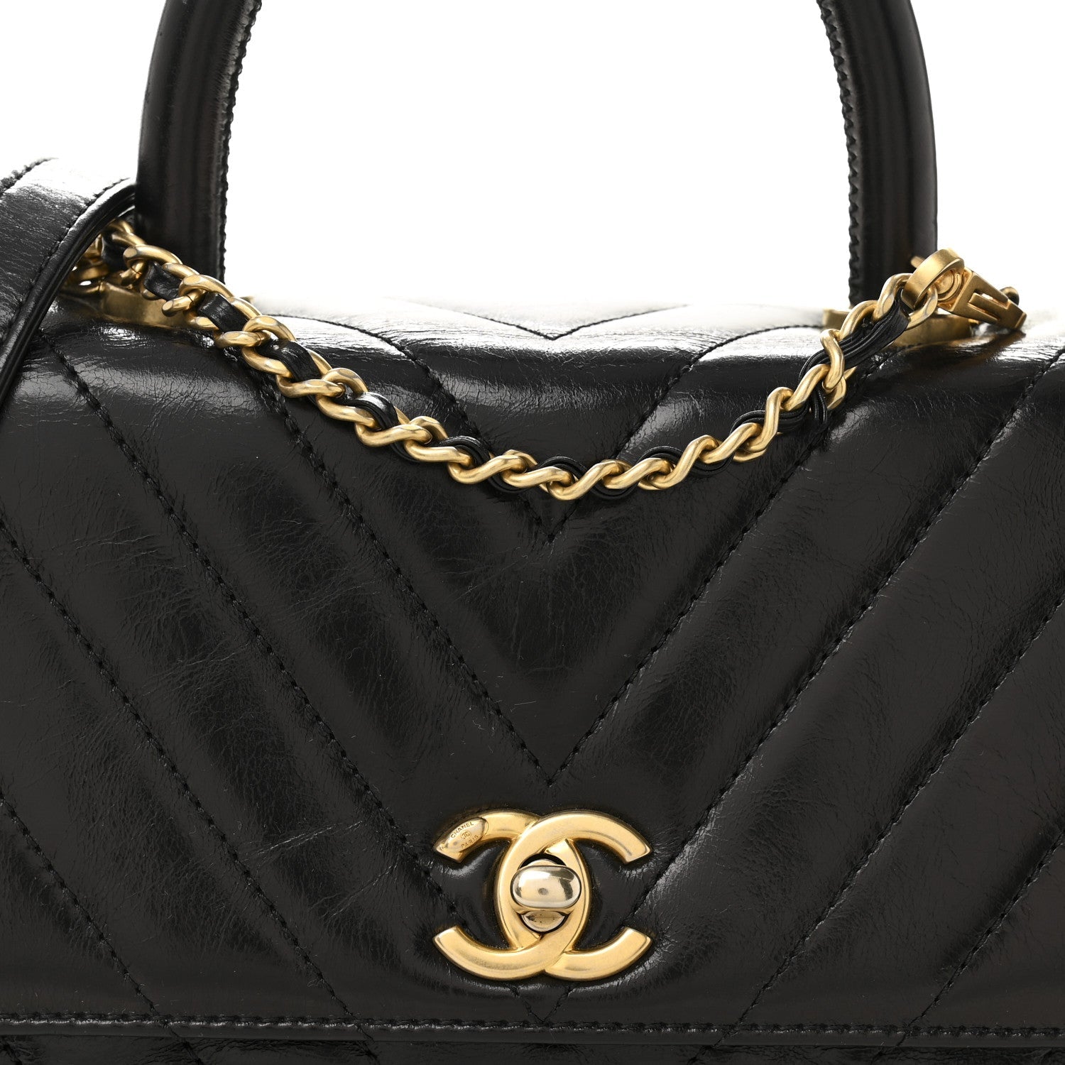 Aged Calfskin Chevron Quilted Mini Coco Handle Flap Black