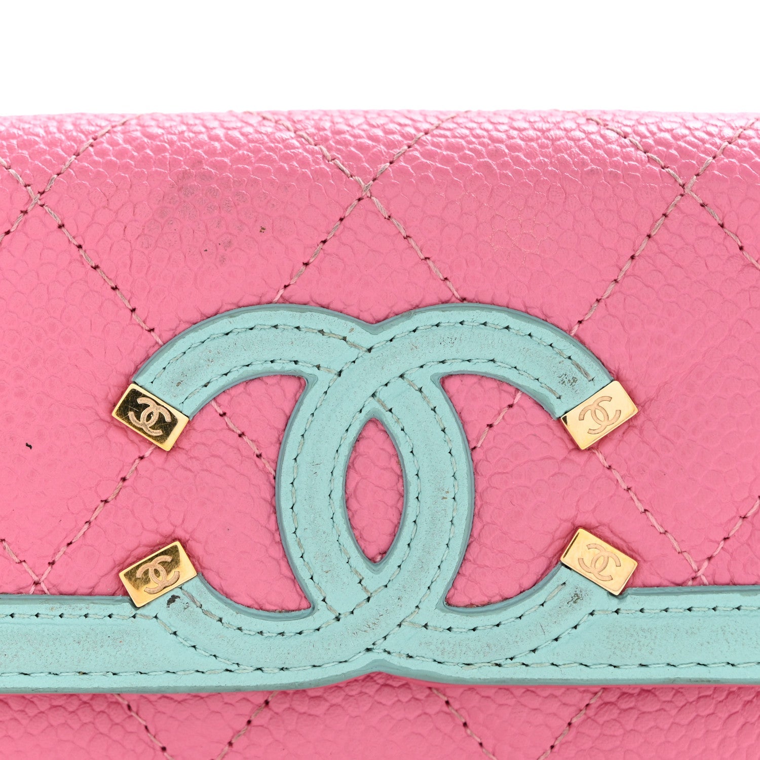 Caviar Quilted Filigree Flap Card Holder Pink Blue Green