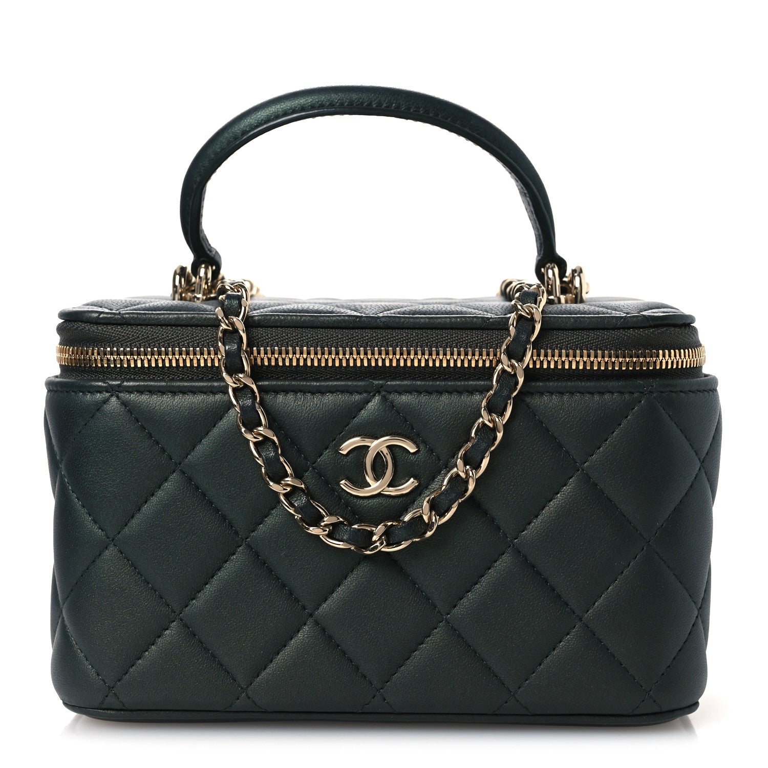 Iridescent Lambskin Quilted Small Top Handle Vanity Case With Chain Green