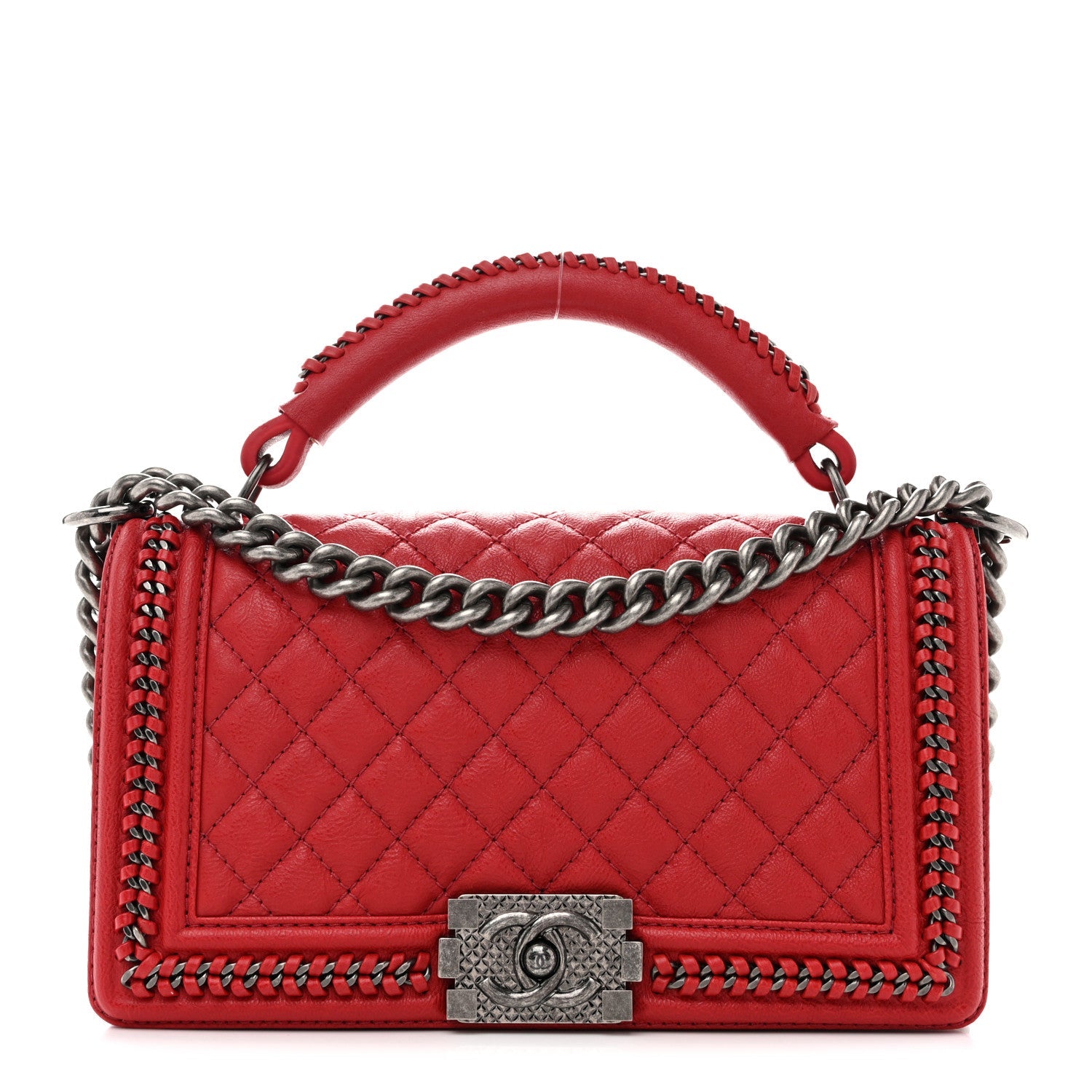 Calfskin Quilted Medium Top Handle Boy Flap Red
