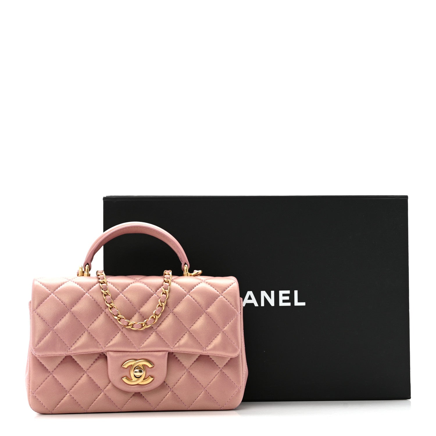 Iridescent Lambskin Quilted Mini Top Handle Rectangular Flap Pink
