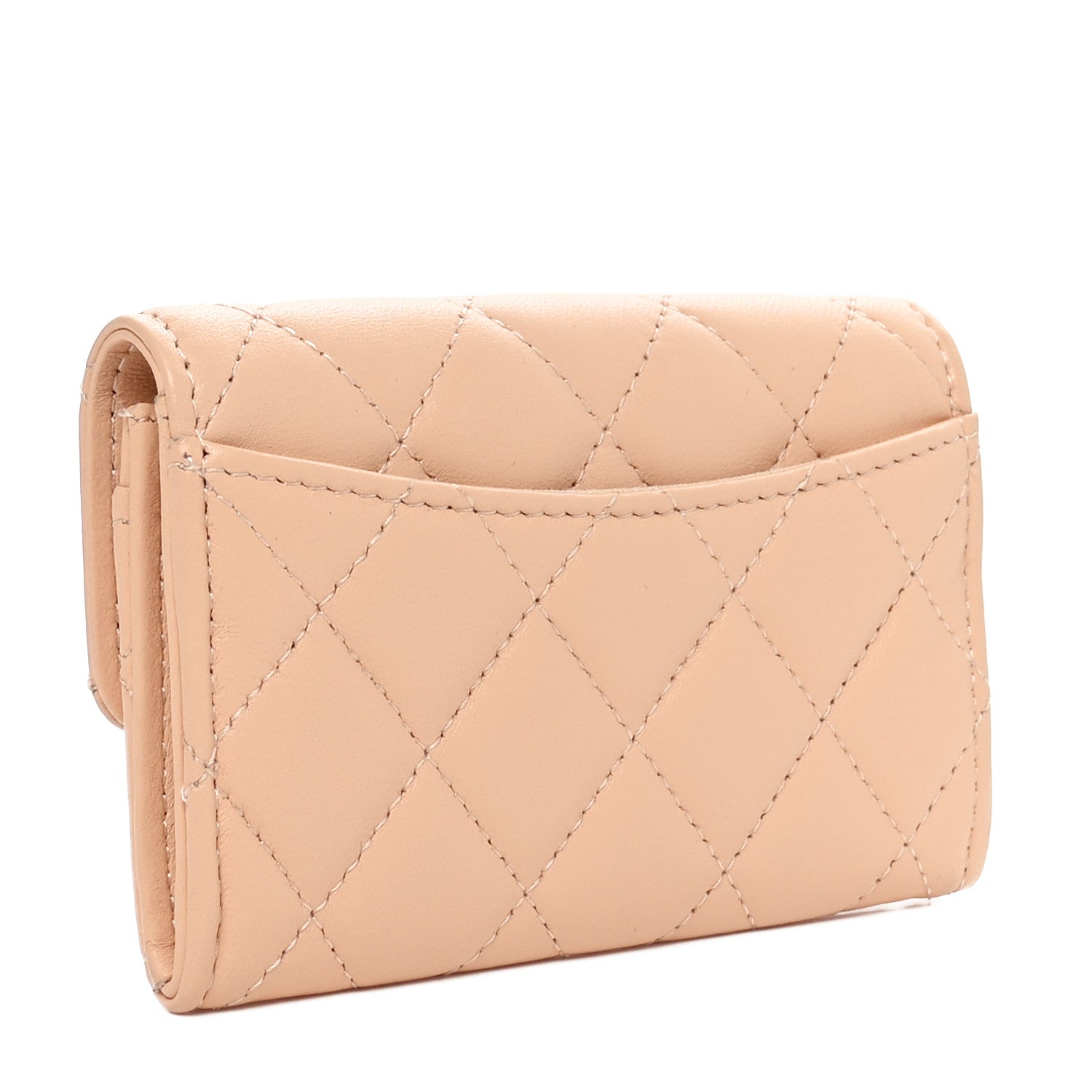 Lambskin Quilted Flap Card Holder Wallet Beige