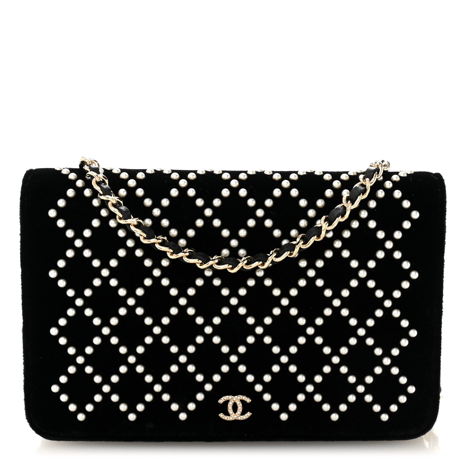 Velvet Pearl Diamond Embellished Wallet On Chain WOC Black